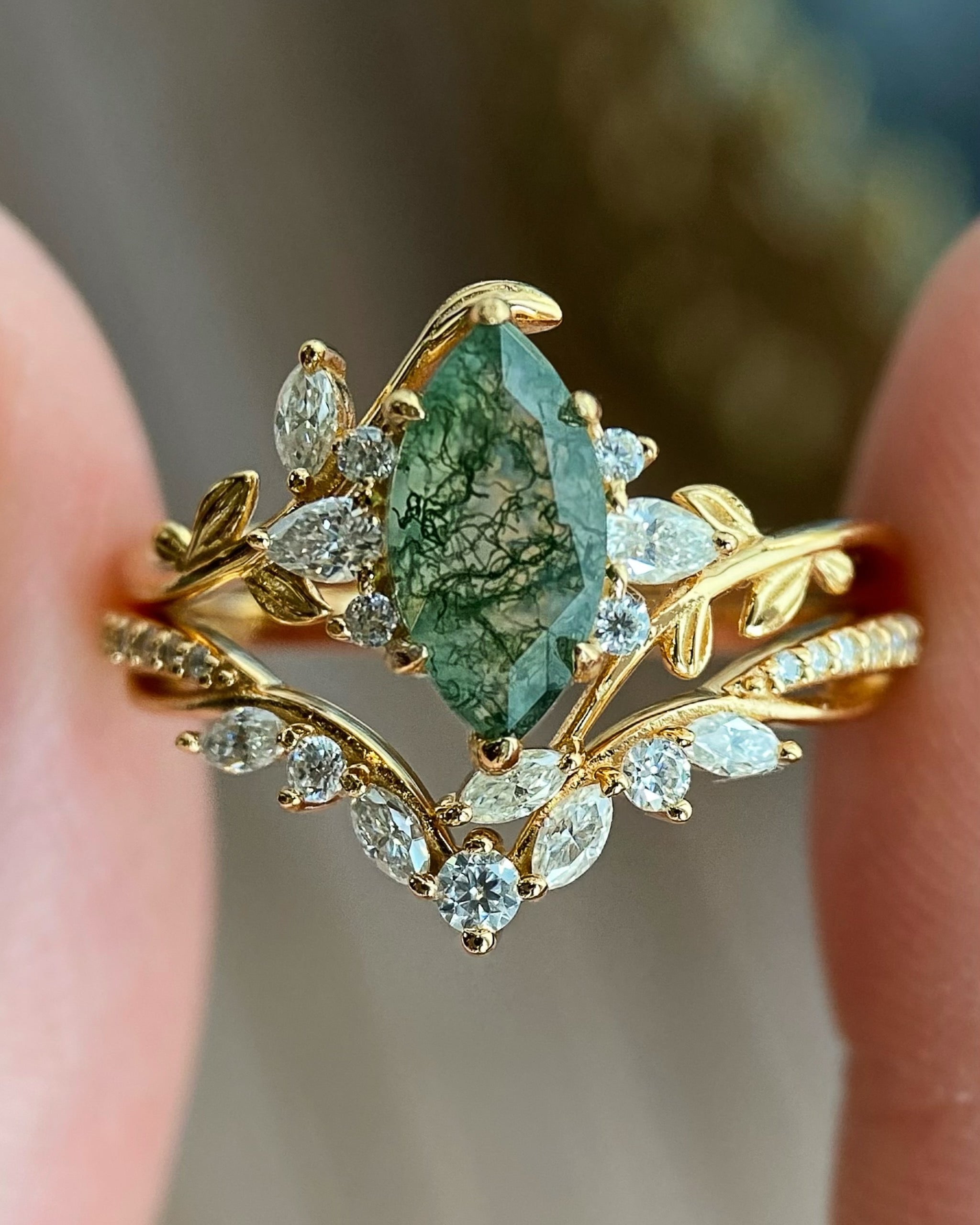 Dryads | Unique Handmade Marquise Natural Moss Agate Leaf Branch Engagement Ring Set