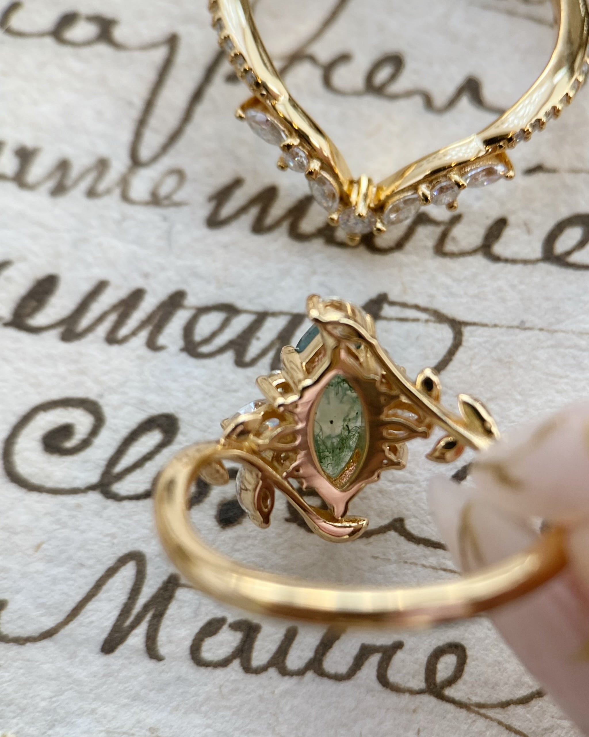 Dryads | Unique Handmade Marquise Natural Moss Agate Leaf Branch Engagement Ring Set