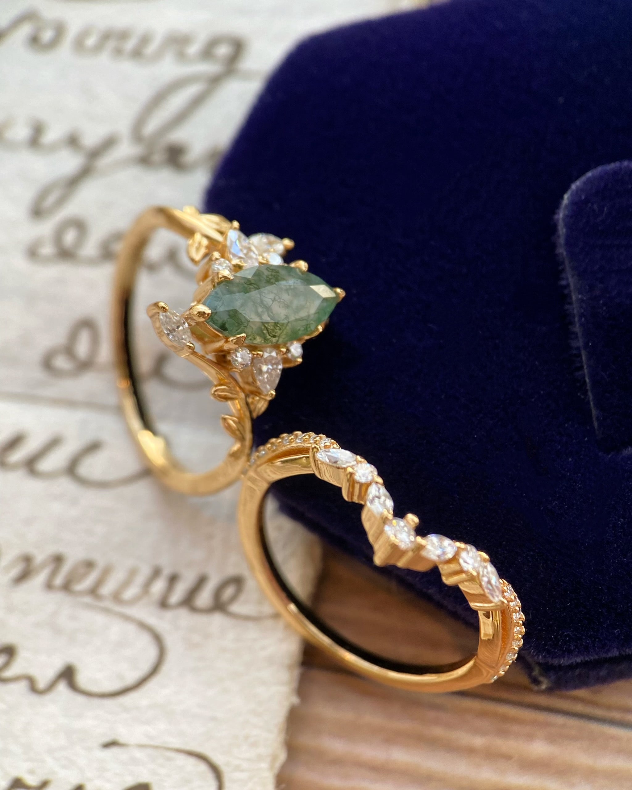 Dryads | Unique Handmade Marquise Natural Moss Agate Leaf Branch Engagement Ring Set