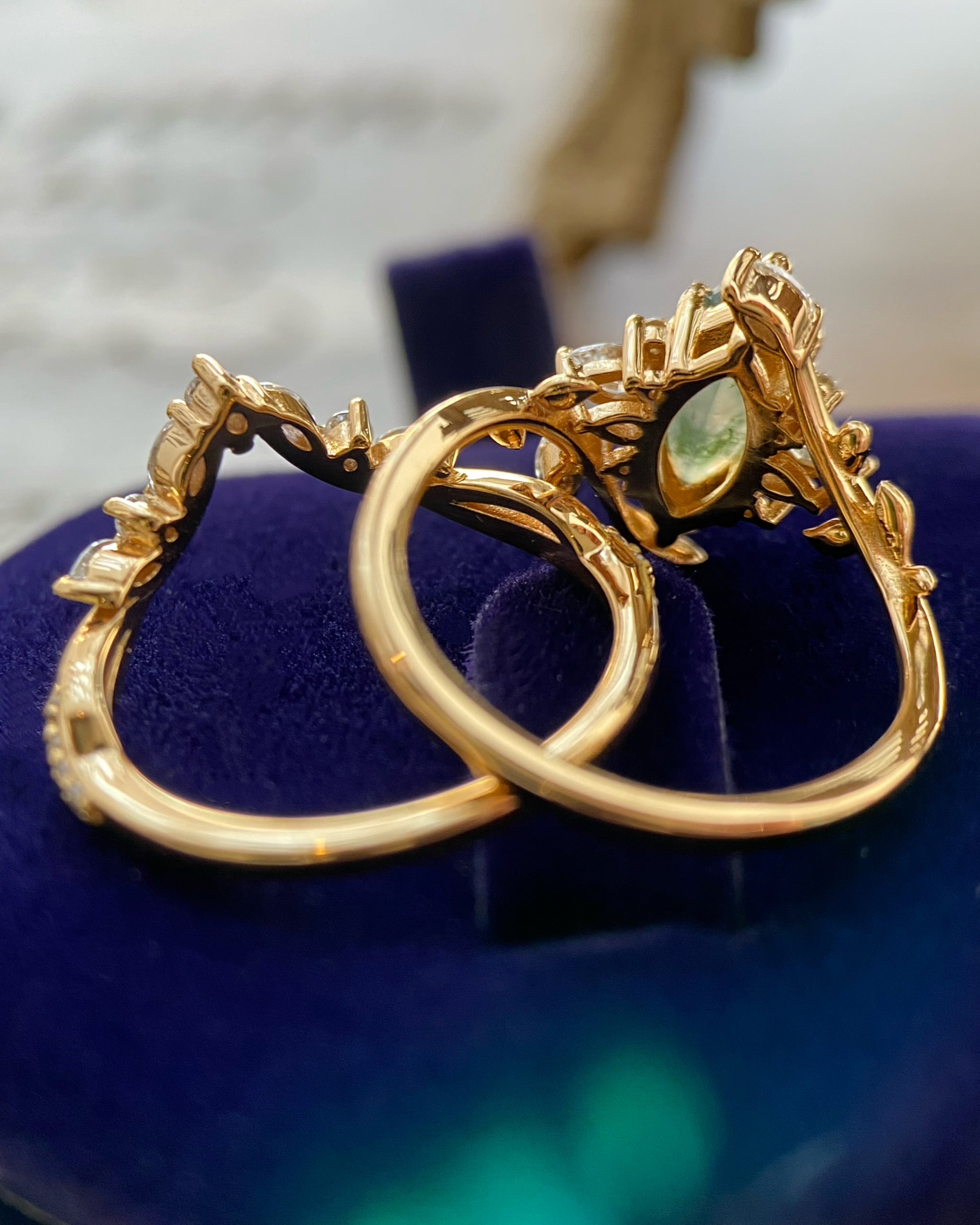 Dryads | Unique Handmade Marquise Natural Moss Agate Leaf Branch Engagement Ring Set