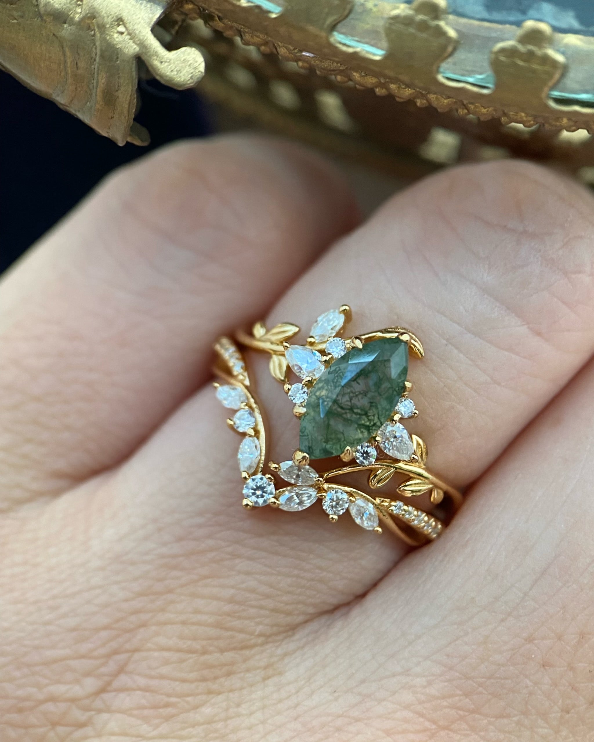 Dryads | Unique Handmade Marquise Natural Moss Agate Leaf Branch Engagement Ring Set