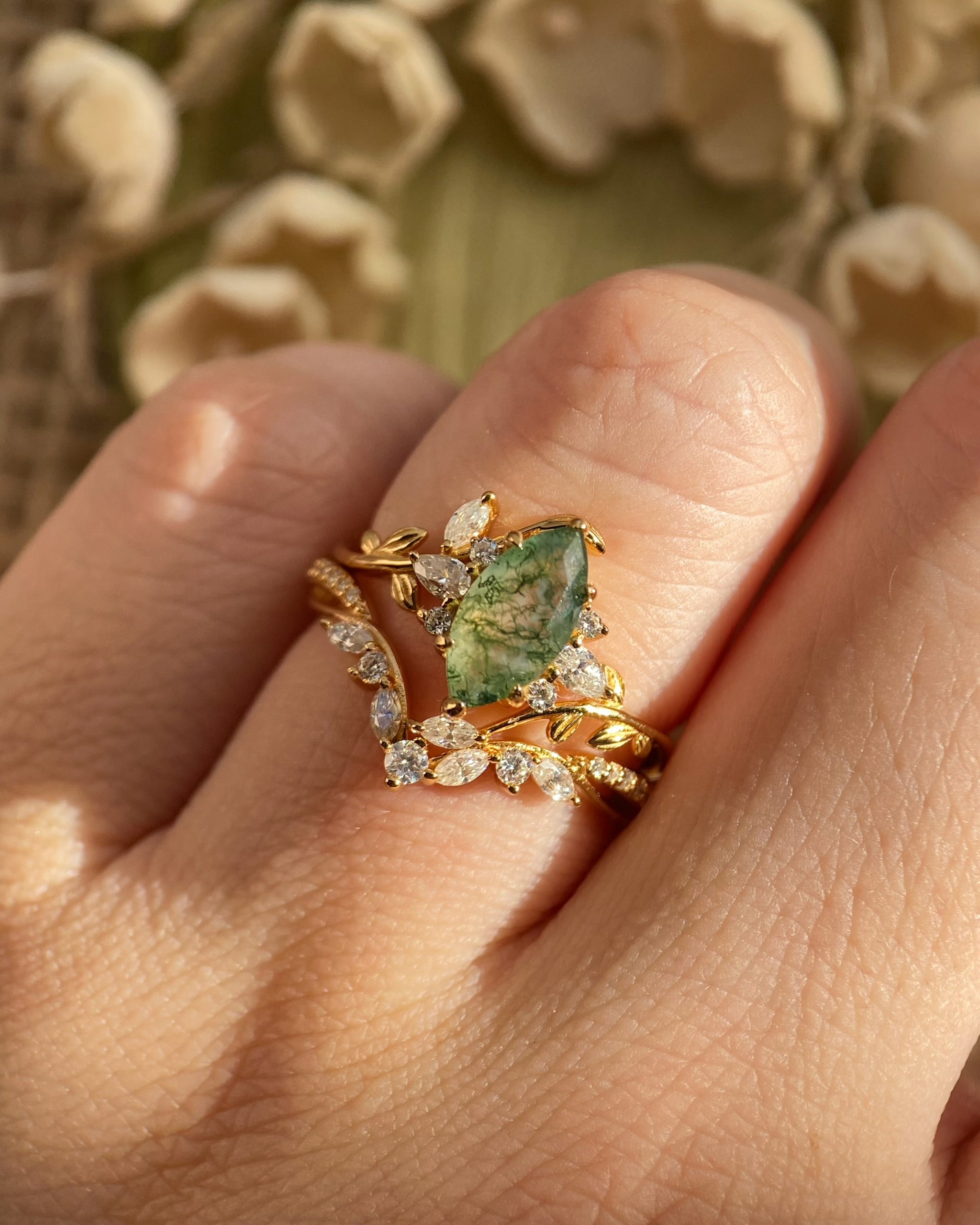 Dryads | Unique Handmade Marquise Natural Moss Agate Leaf Branch Engagement Ring Set