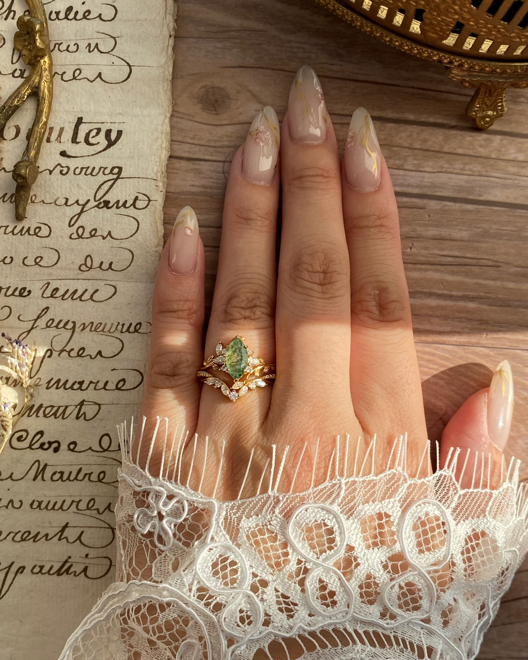 Dryads | Unique Handmade Marquise Natural Moss Agate Leaf Branch Engagement Ring Set