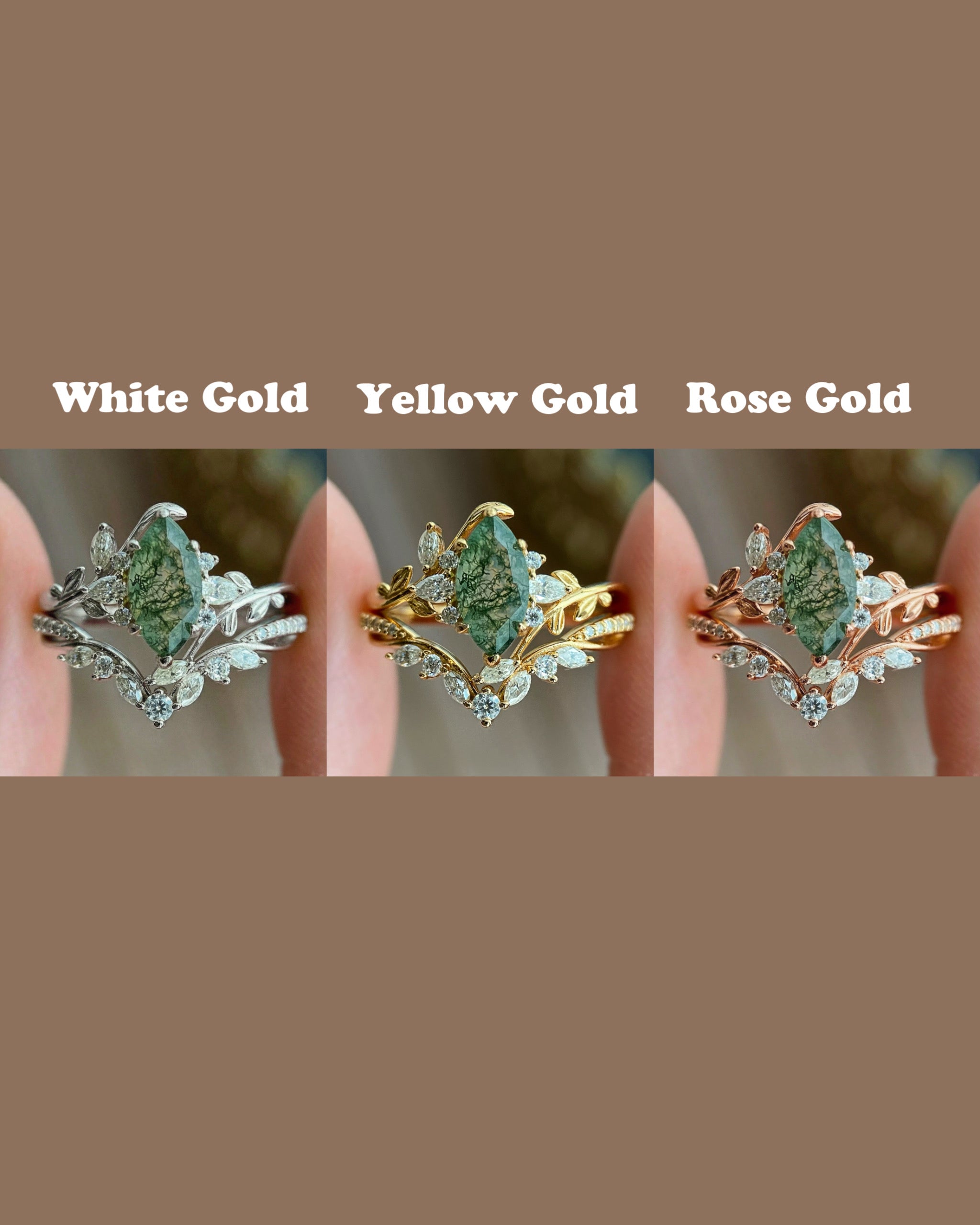 Dryads | Unique Handmade Marquise Natural Moss Agate Leaf Branch Engagement Ring Set