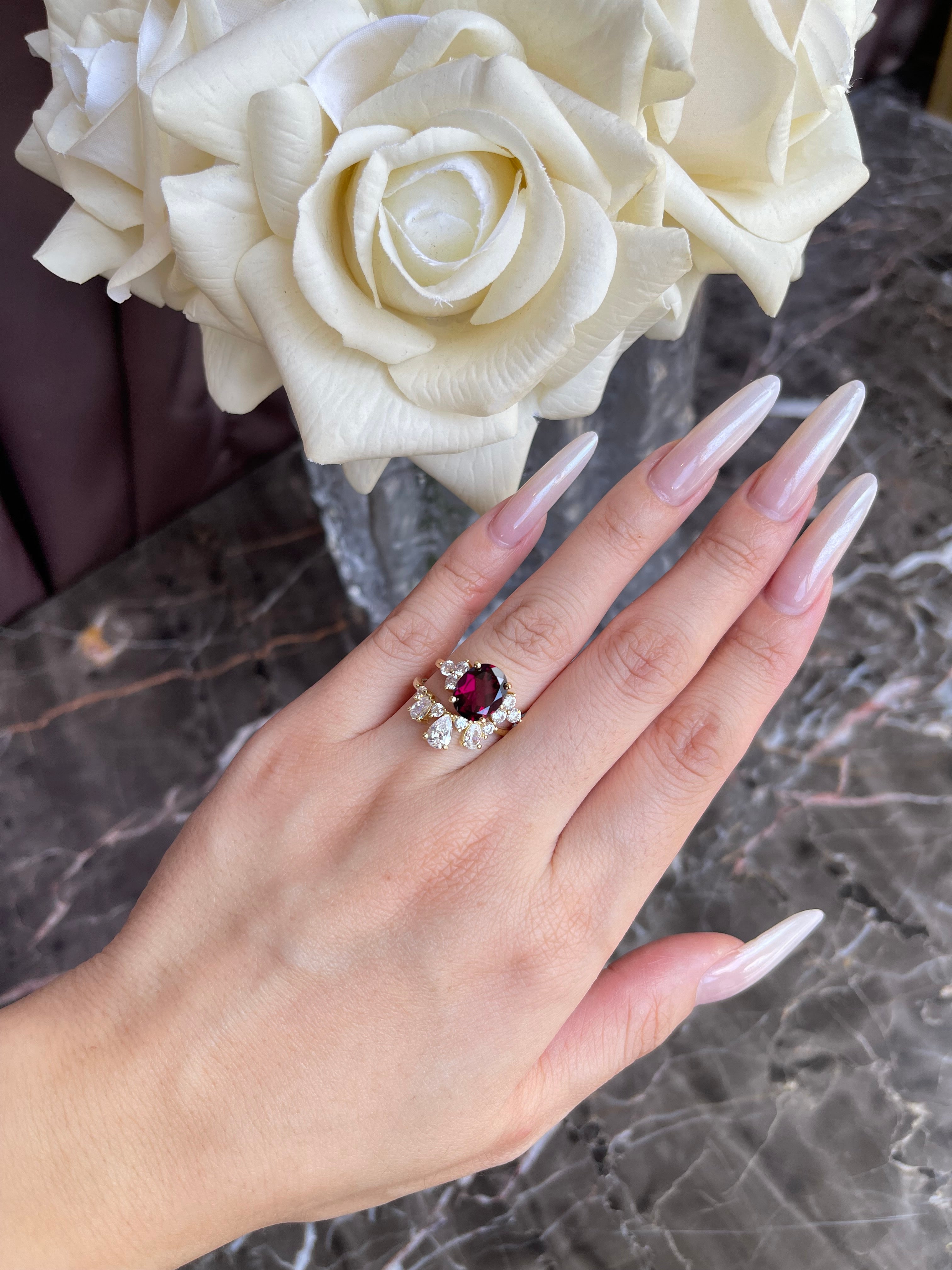 【CARMEN】Handmade Natural Rhodolite Garnet Engagement Ring 3ct Oval Shape