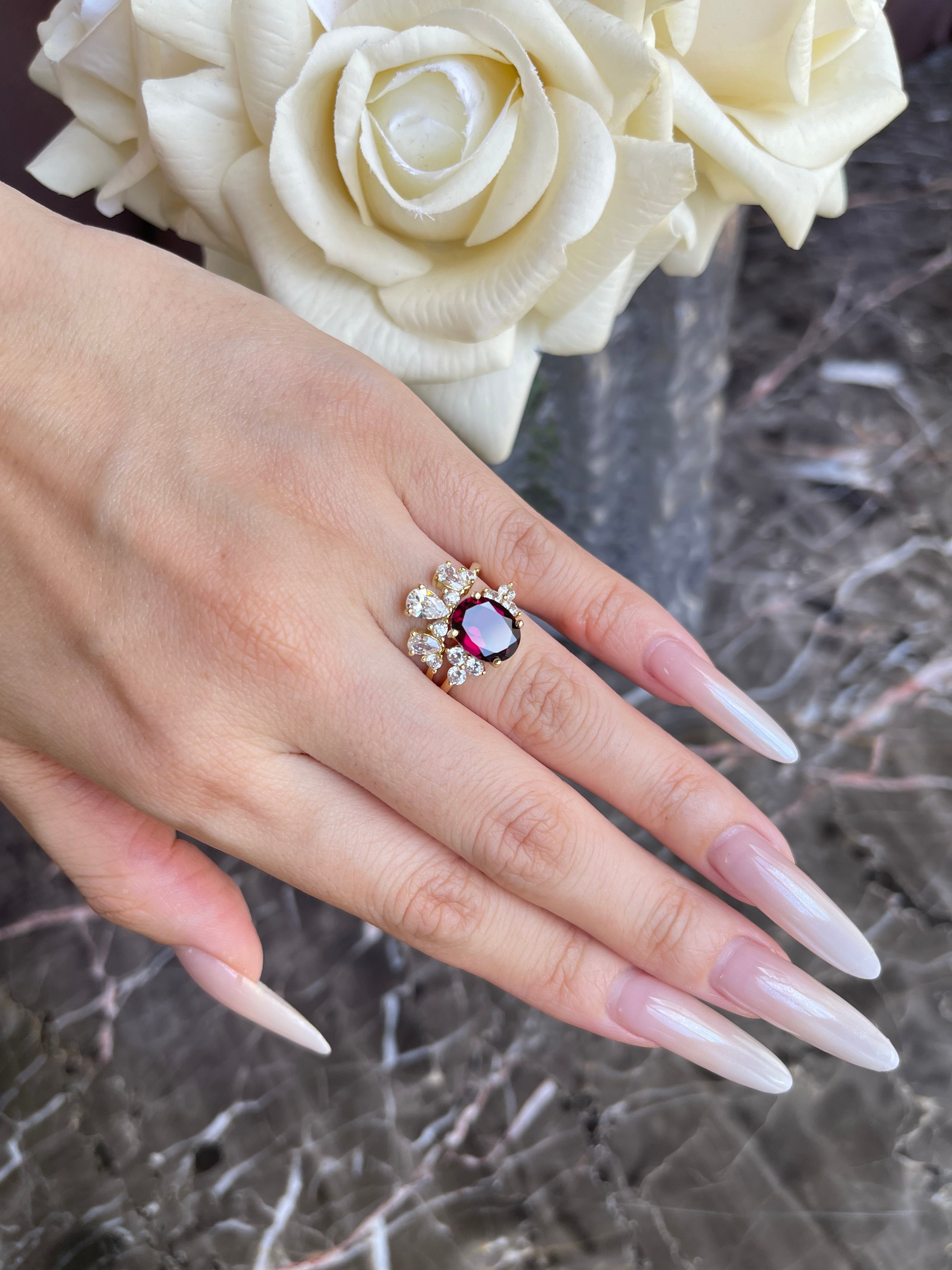 【CARMEN】Handmade Natural Rhodolite Garnet Engagement Ring 3ct Oval Shape