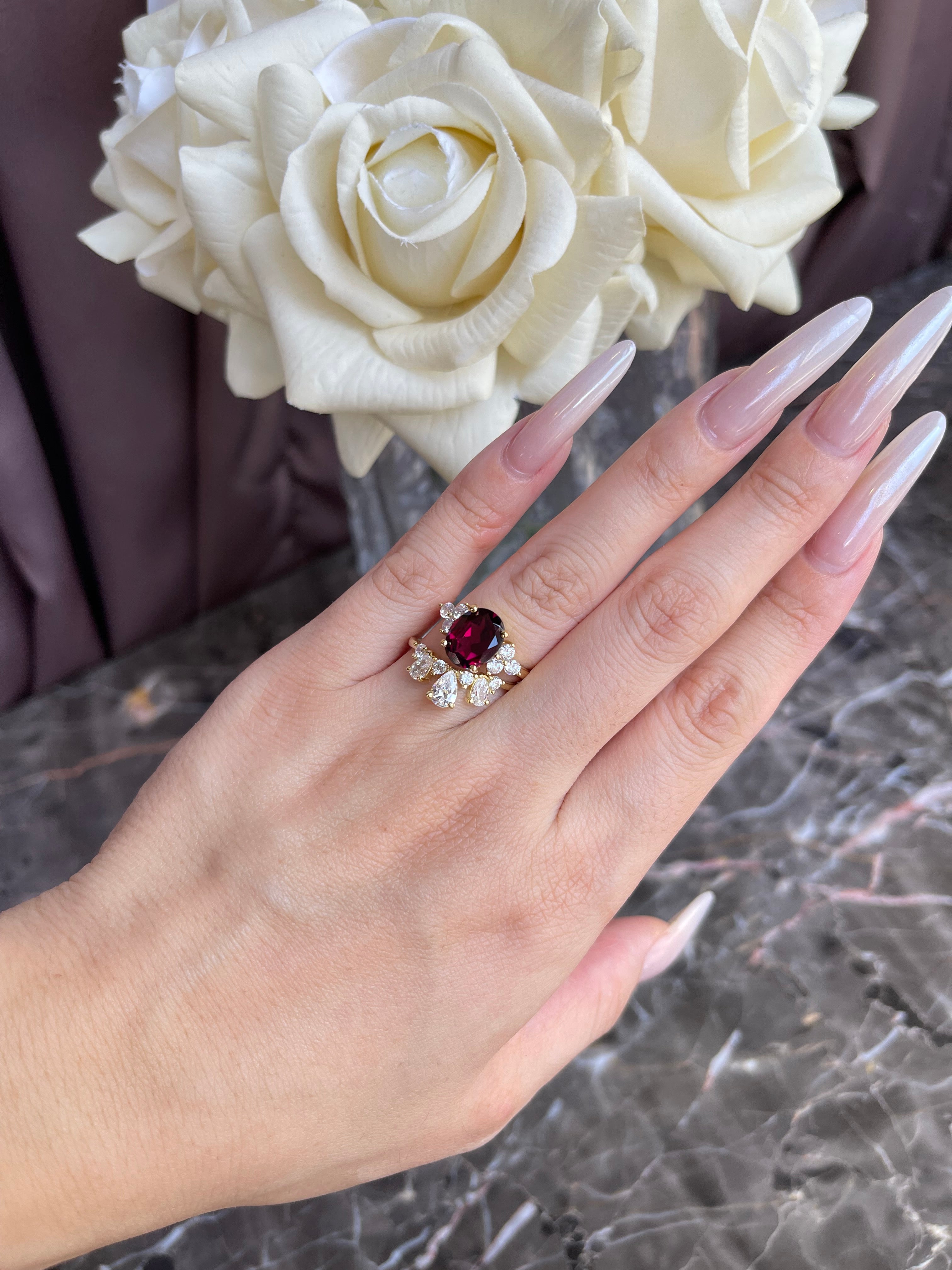 【CARMEN】Handmade Natural Rhodolite Garnet Engagement Ring 3ct Oval Shape