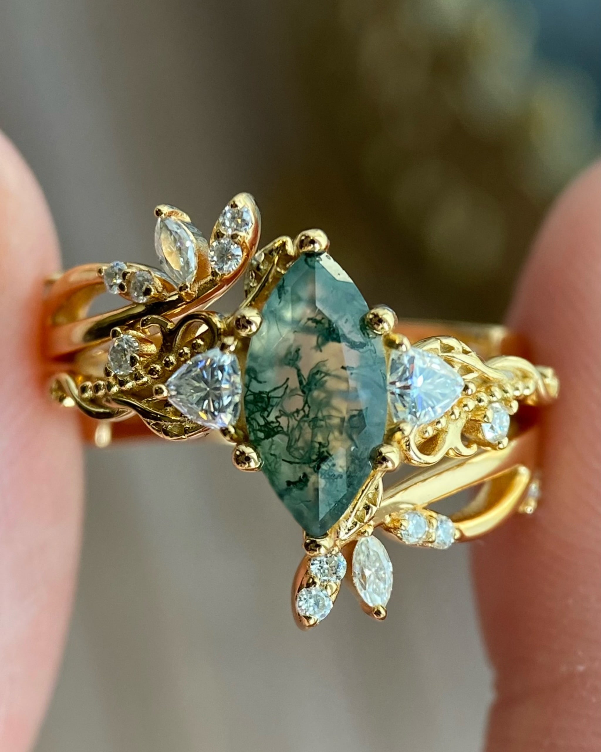 Titania | Unique Handmade Marquise Natural Moss Agate Open Leaf Band Bridal Set