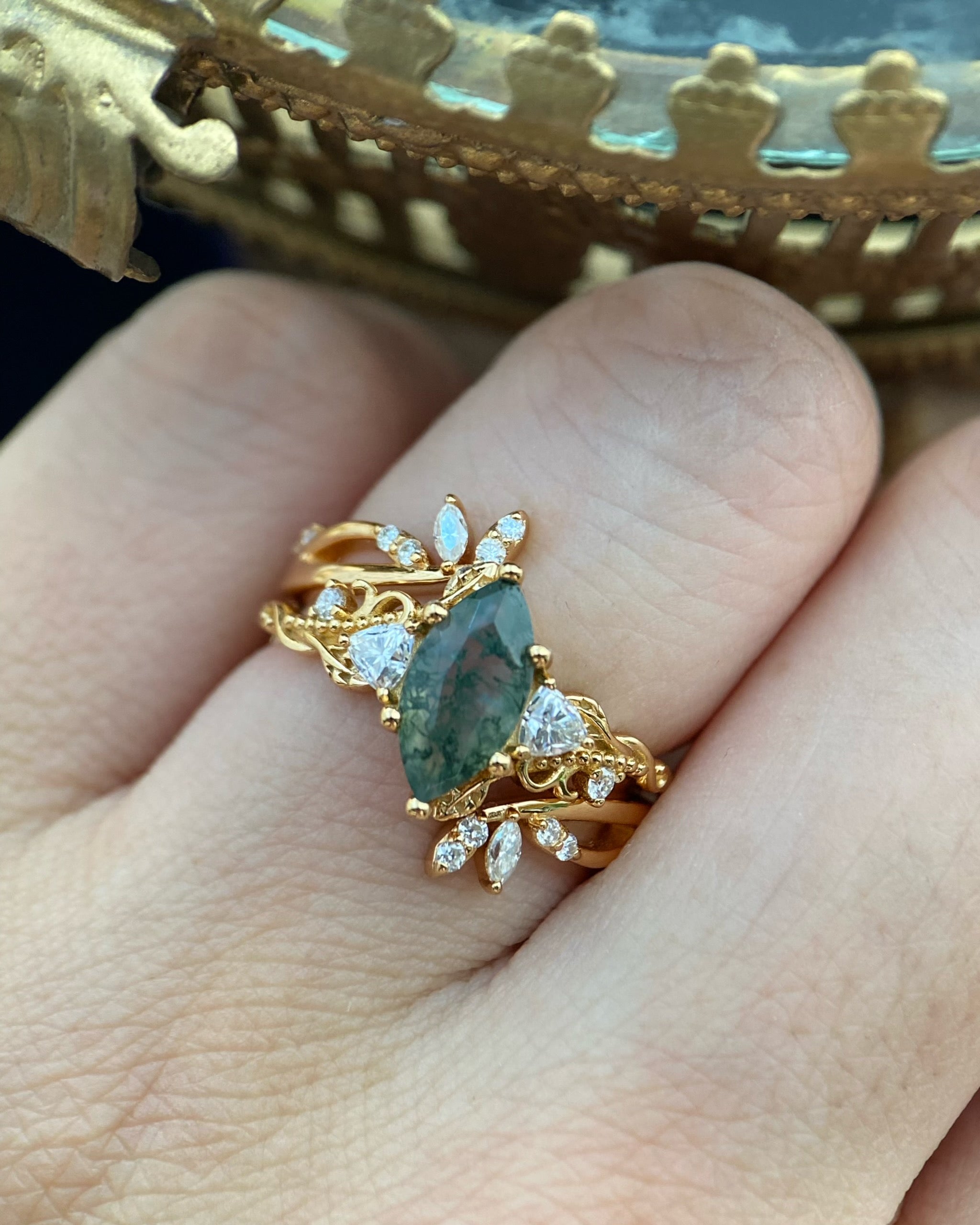 Titania | Unique Handmade Marquise Natural Moss Agate Open Leaf Band Bridal Set