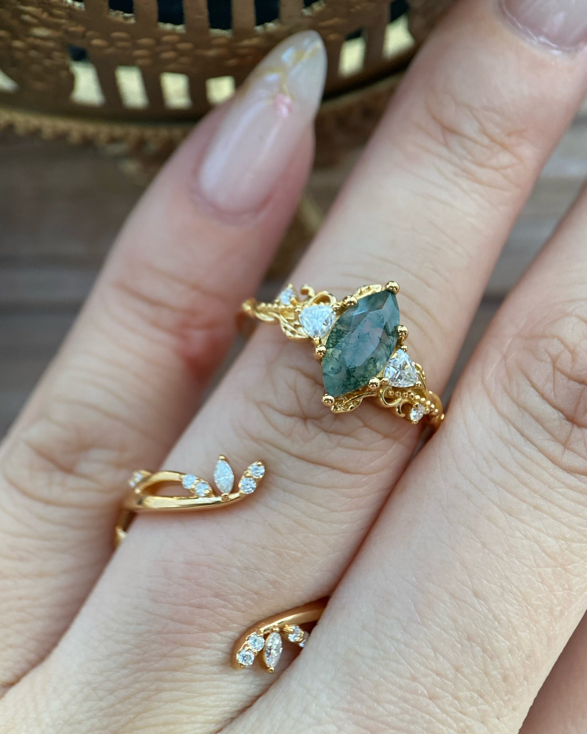 Titania | Unique Handmade Marquise Natural Moss Agate Open Leaf Band Bridal Set