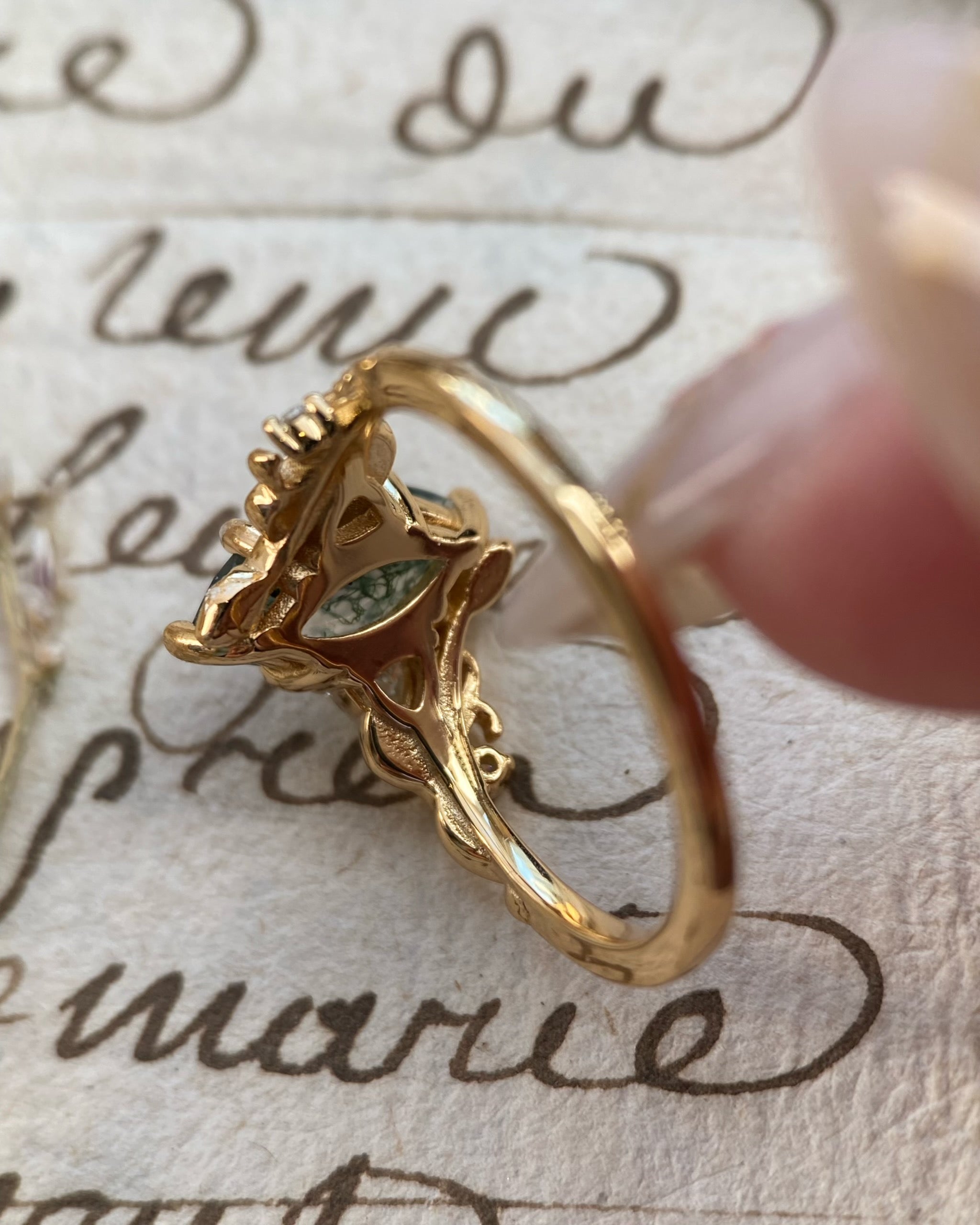 Titania | Unique Handmade Marquise Natural Moss Agate Open Leaf Band Bridal Set