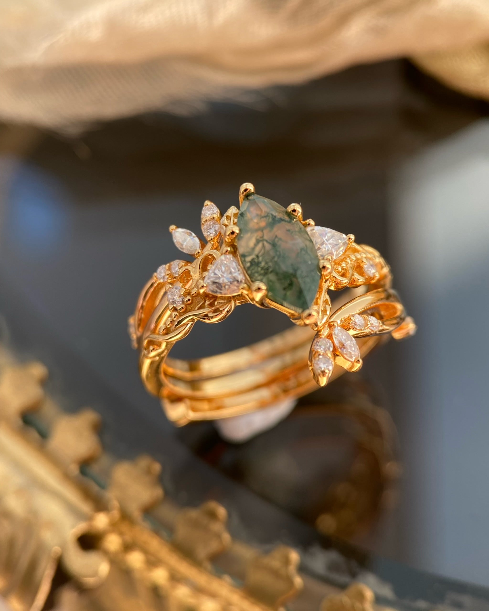 Titania | Unique Handmade Marquise Natural Moss Agate Open Leaf Band Bridal Set