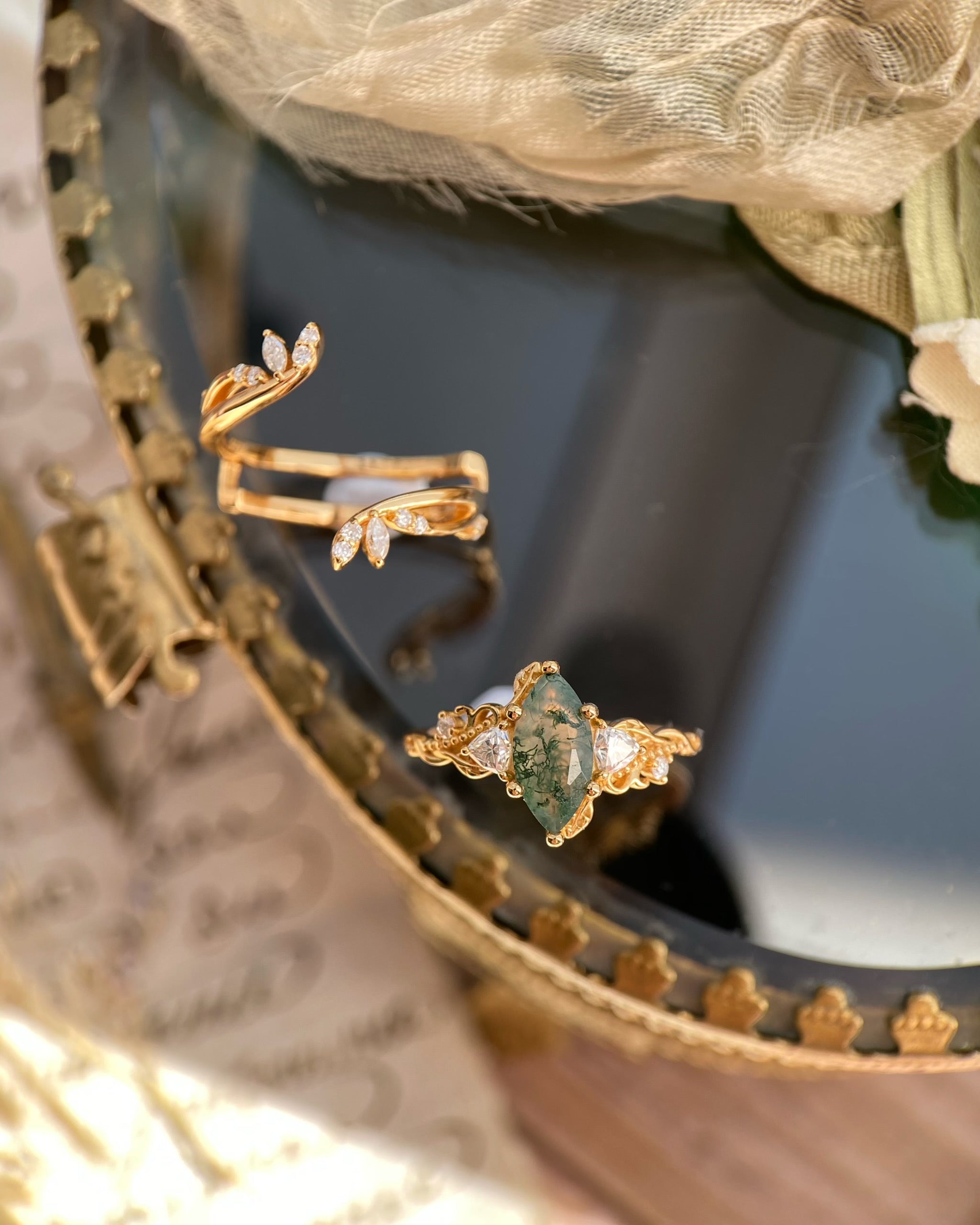 Titania | Unique Handmade Marquise Natural Moss Agate Open Leaf Band Bridal Set