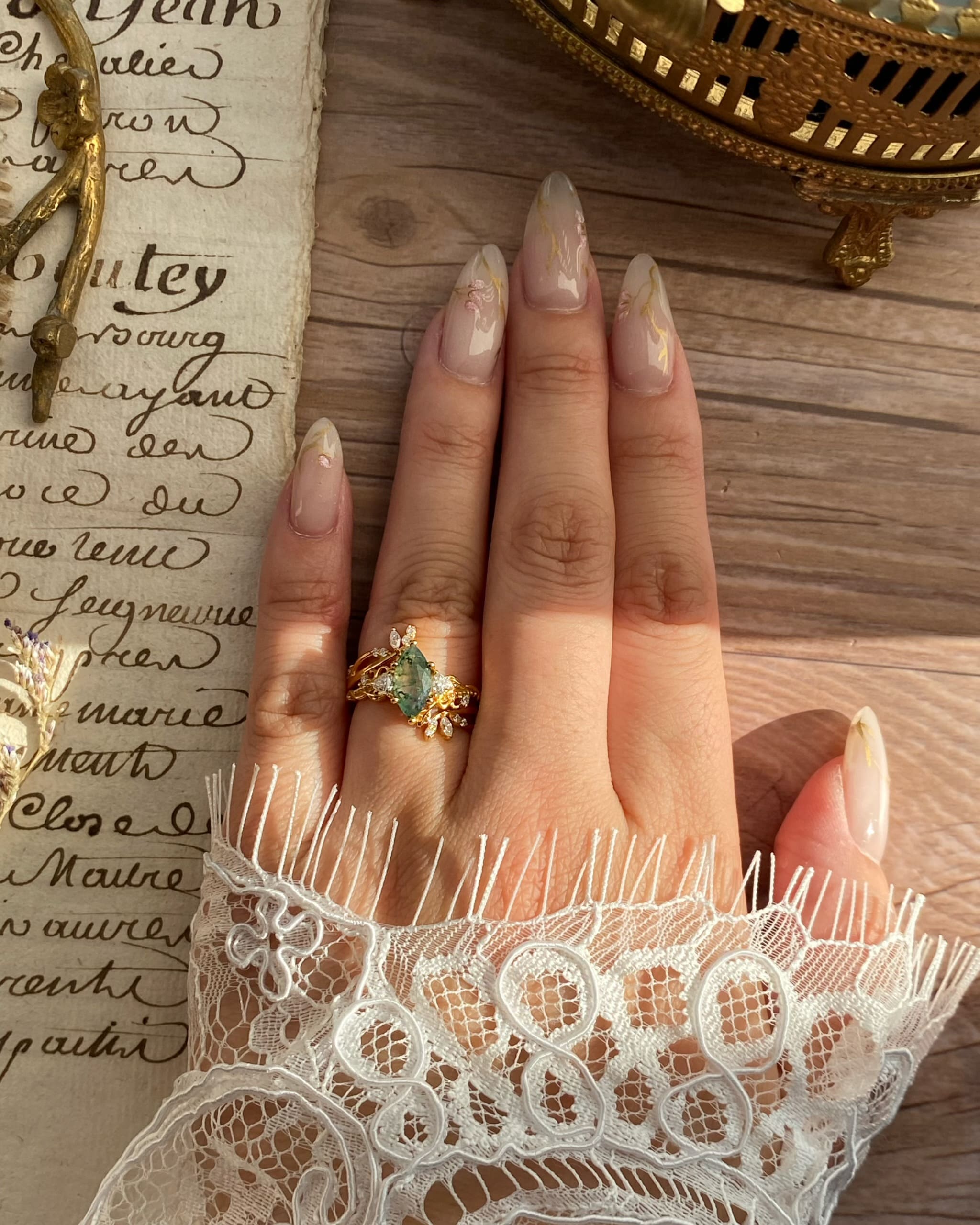 Titania | Unique Handmade Marquise Natural Moss Agate Open Leaf Band Bridal Set