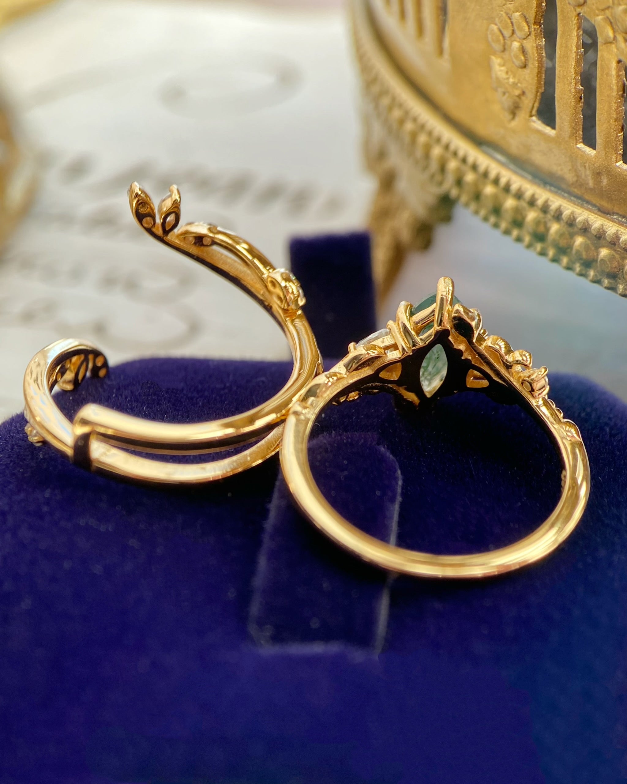 Titania | Unique Handmade Marquise Natural Moss Agate Open Leaf Band Bridal Set