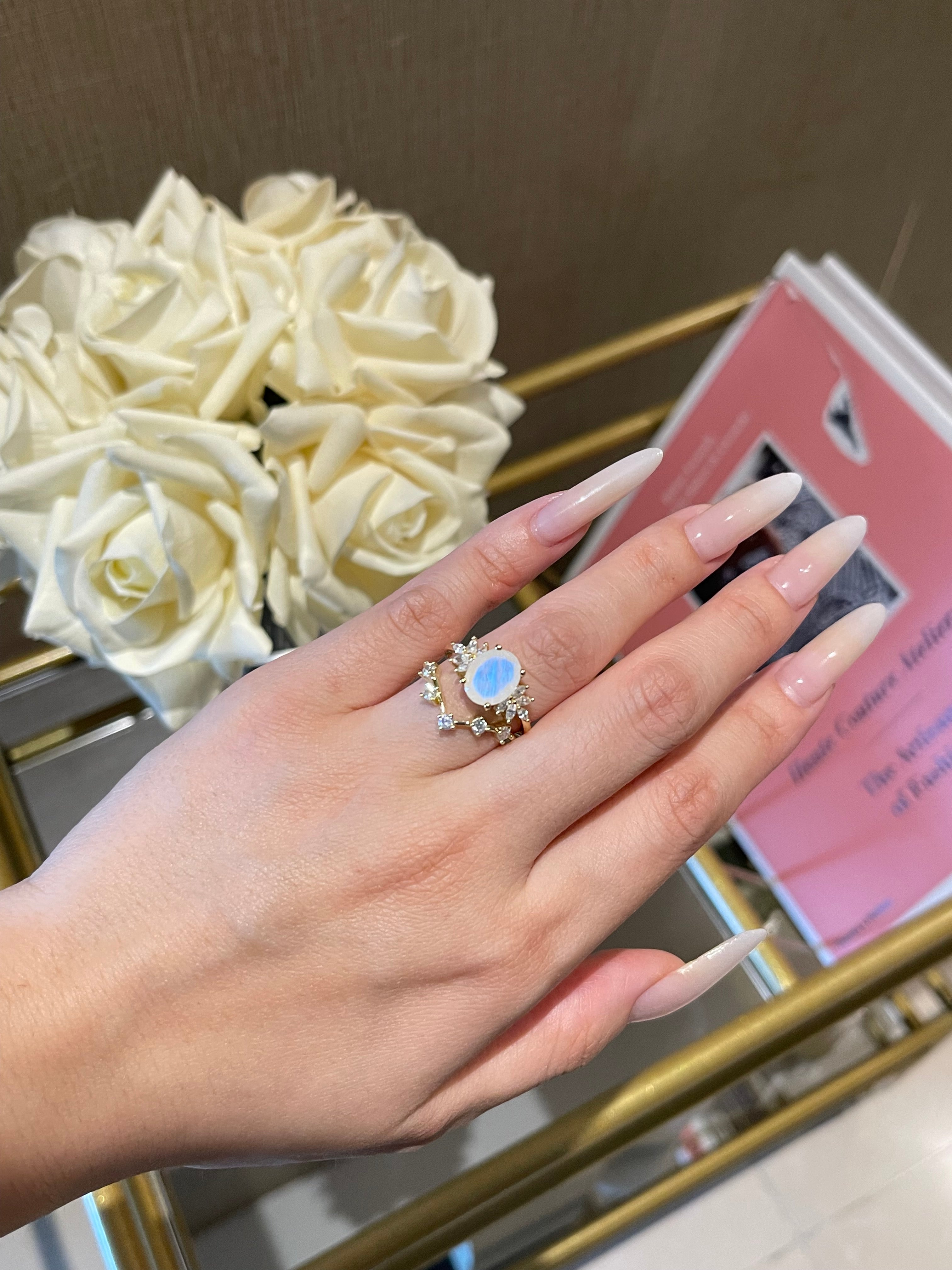 【CELESTE】Unique Handmade Natural Blue Moonstone Engagement Ring Oval Shape 3c