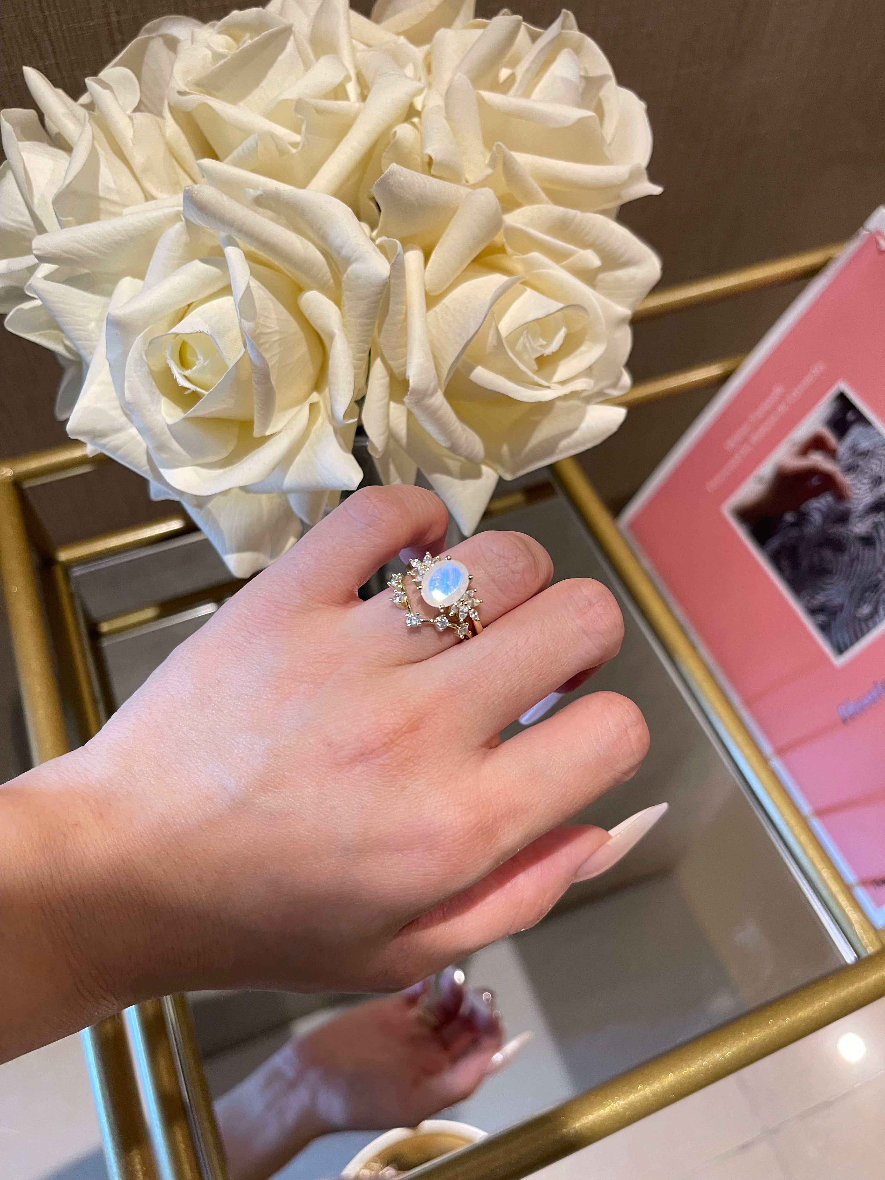 【CELESTE】Unique Handmade Natural Blue Moonstone Engagement Ring Oval Shape 3c