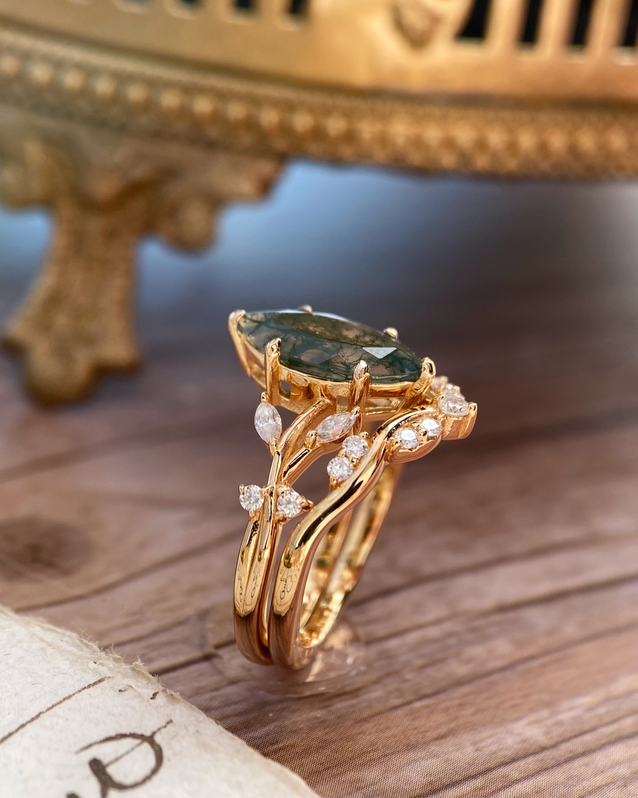 Erynnis | Unique Handmade Marquise Natural Moss Agate Bridal Ring Set with Botanical Vine Band
