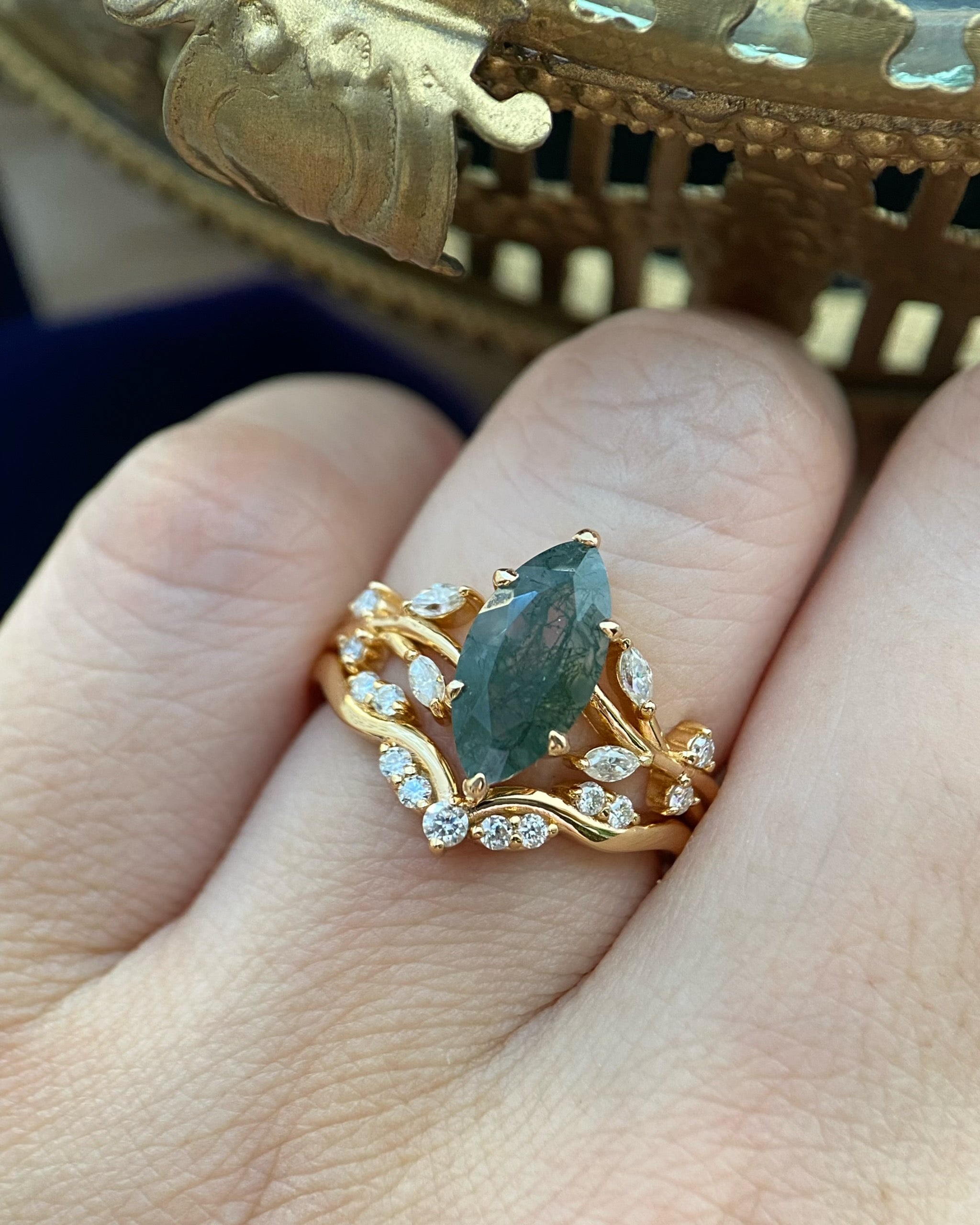 Erynnis | Unique Handmade Marquise Natural Moss Agate Bridal Ring Set with Botanical Vine Band