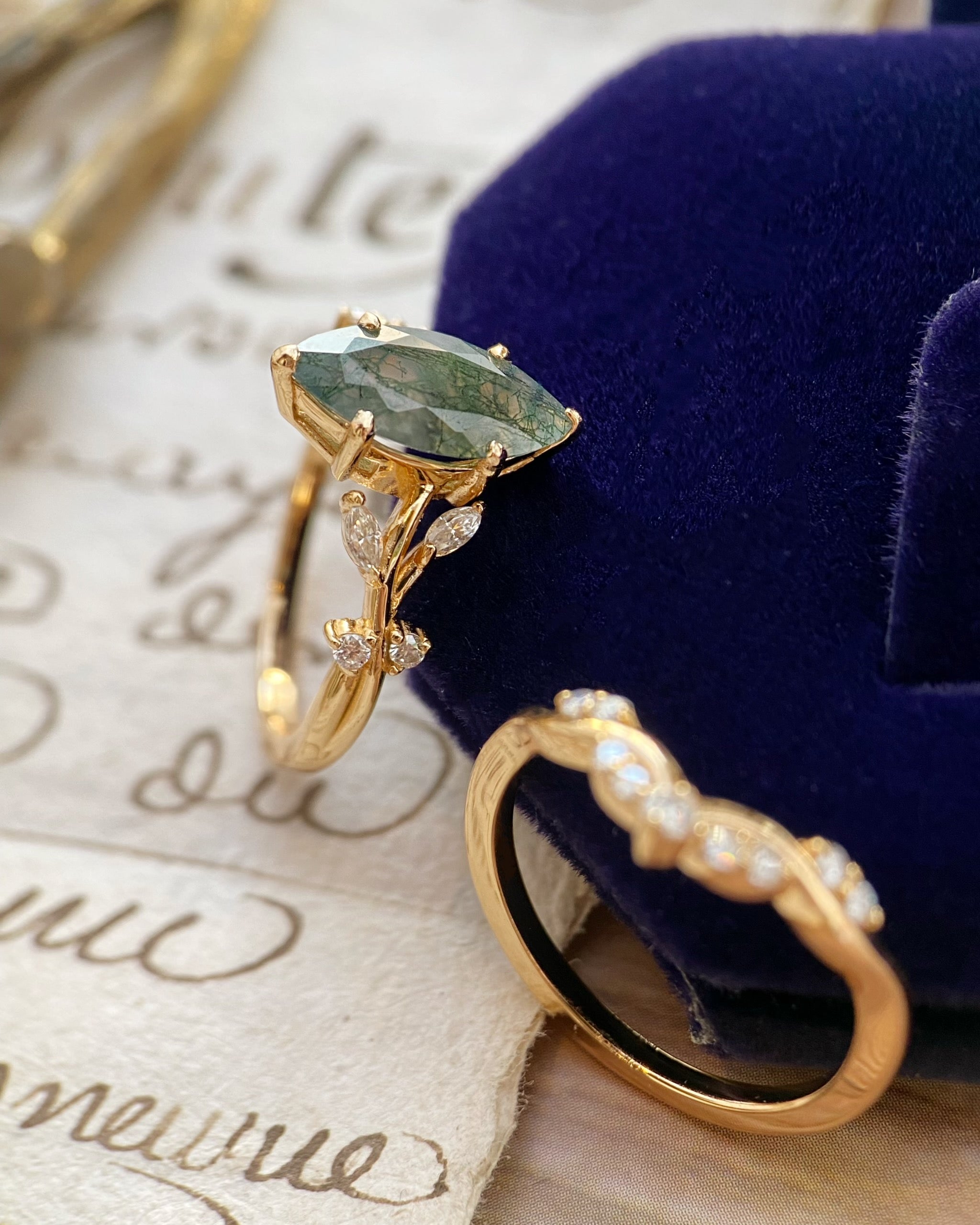 Erynnis | Unique Handmade Marquise Natural Moss Agate Bridal Ring Set with Botanical Vine Band