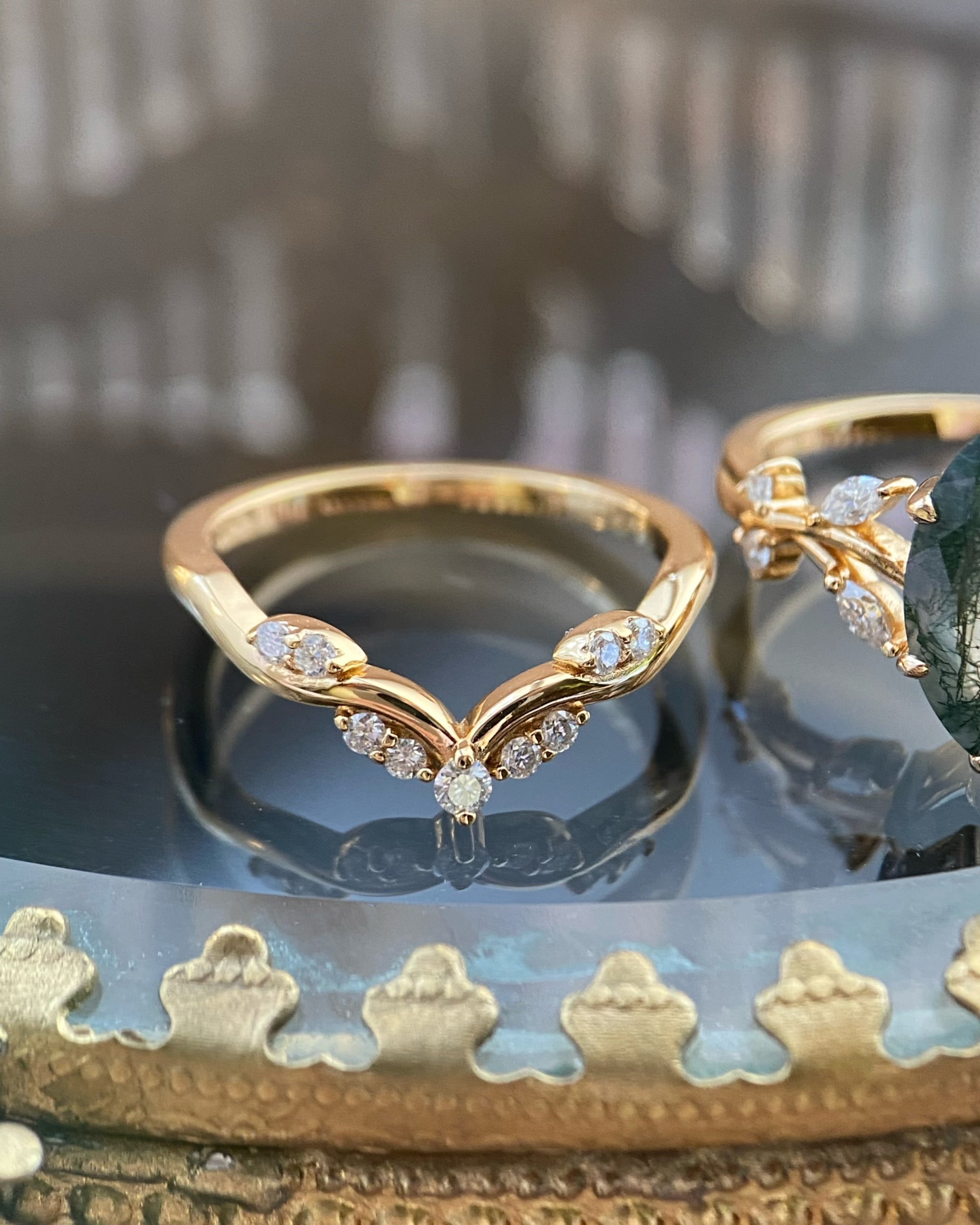 Erynnis | Unique Handmade Marquise Natural Moss Agate Bridal Ring Set with Botanical Vine Band