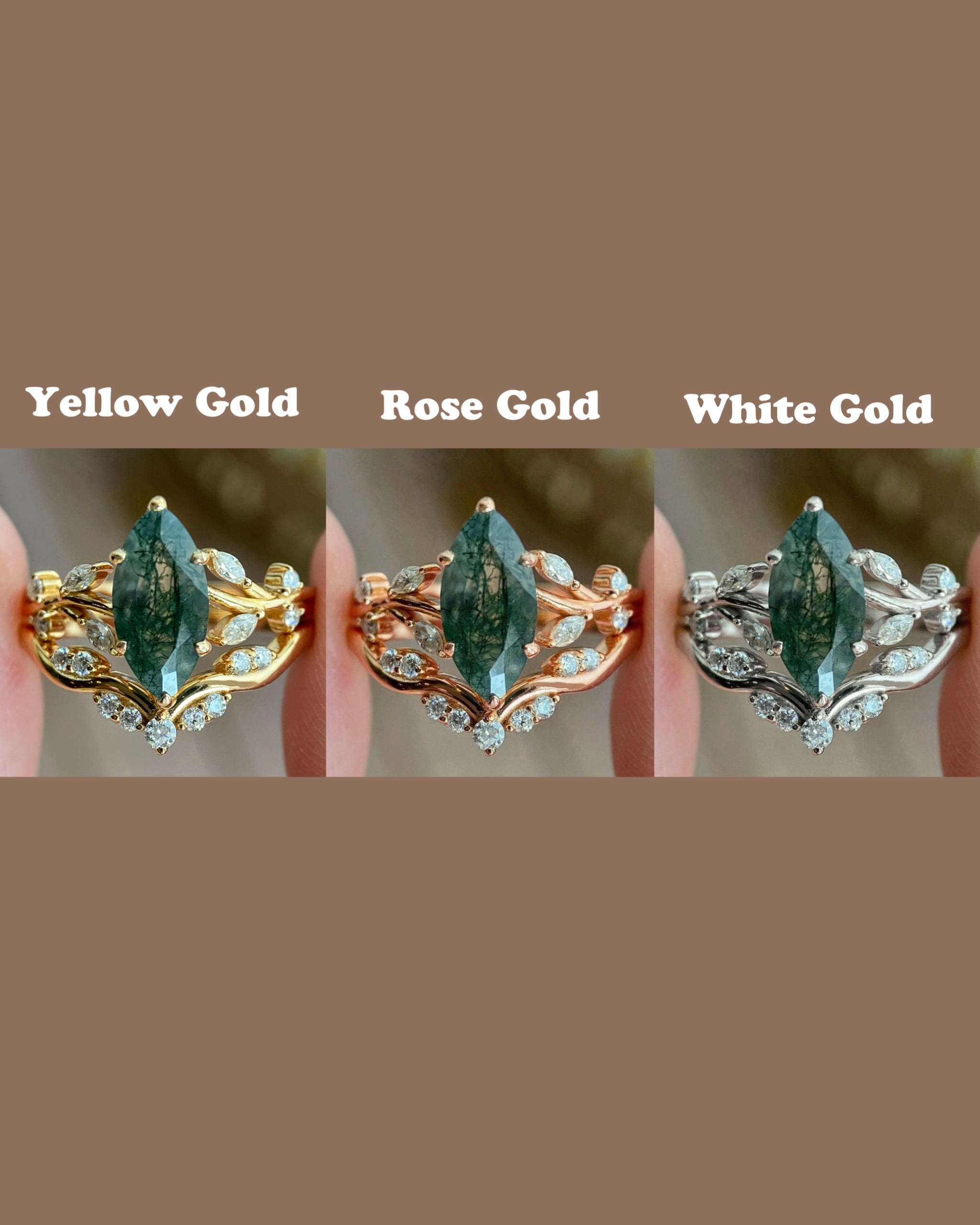 Erynnis | Unique Handmade Marquise Natural Moss Agate Bridal Ring Set with Botanical Vine Band