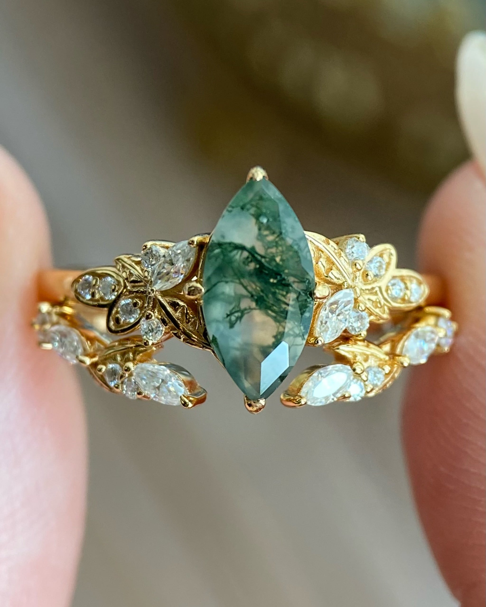 Melia | Unique Handmade Marquise Natural Moss Agate Engagement Ring Set Nature Vine Leaf Ring