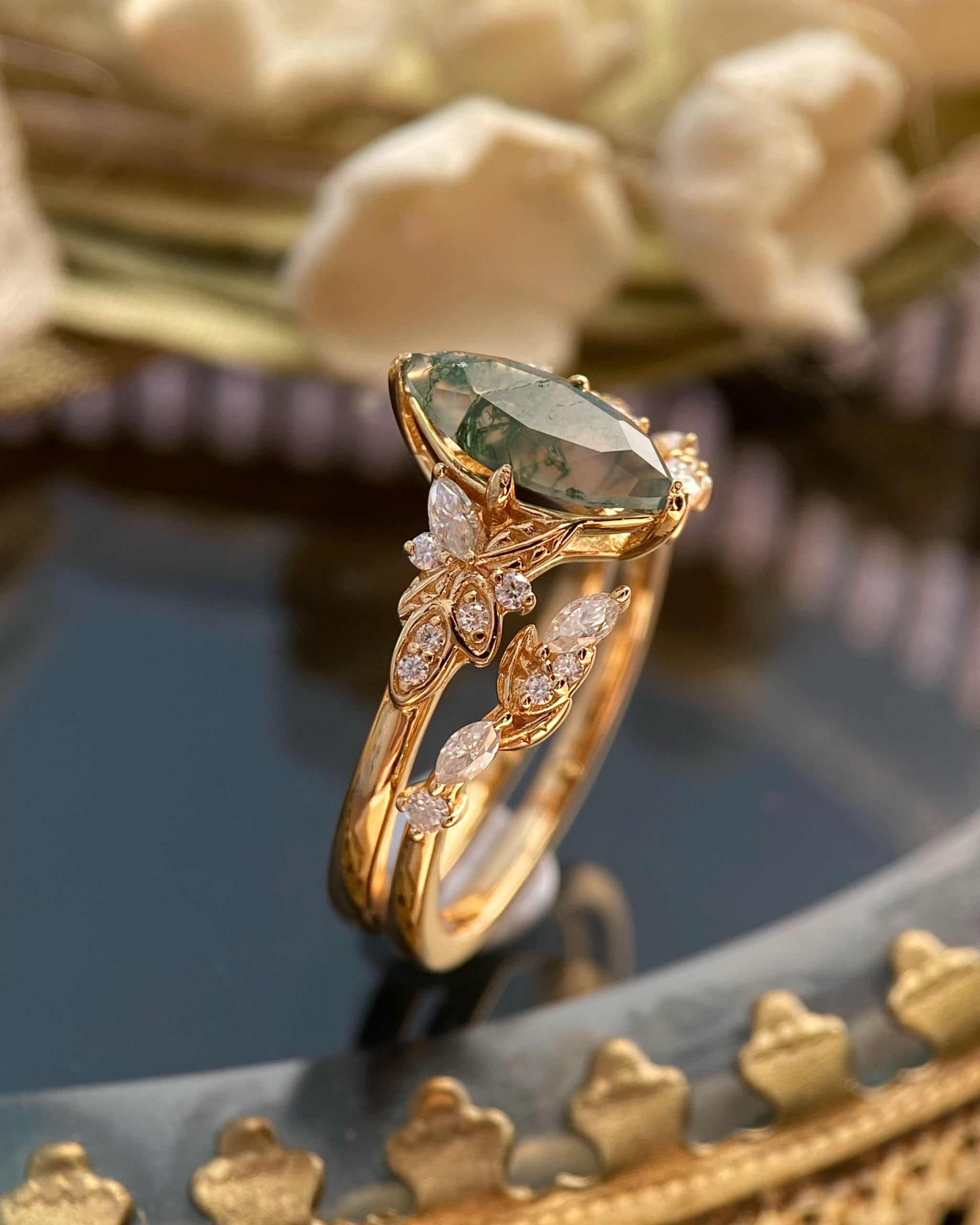 Melia | Unique Handmade Marquise Natural Moss Agate Engagement Ring Set Nature Vine Leaf Ring