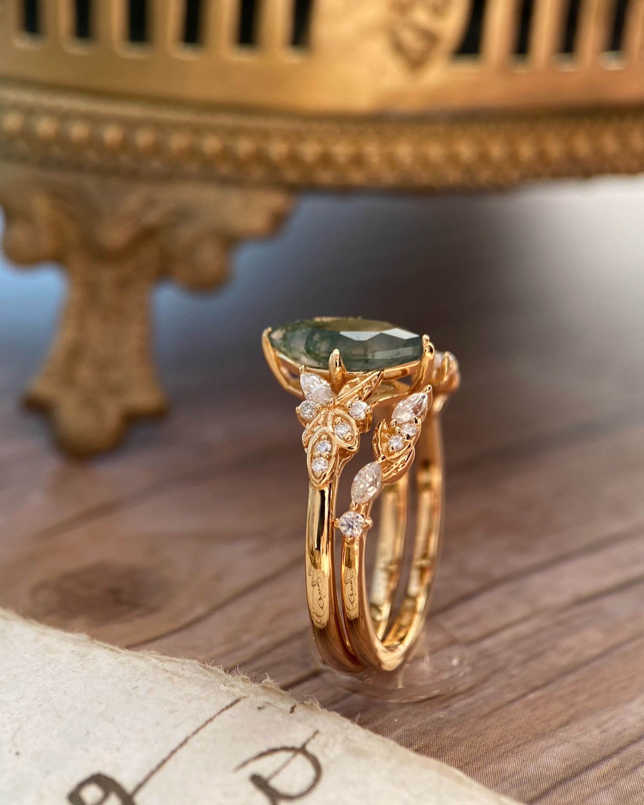 Melia | Unique Handmade Marquise Natural Moss Agate Engagement Ring Set Nature Vine Leaf Ring