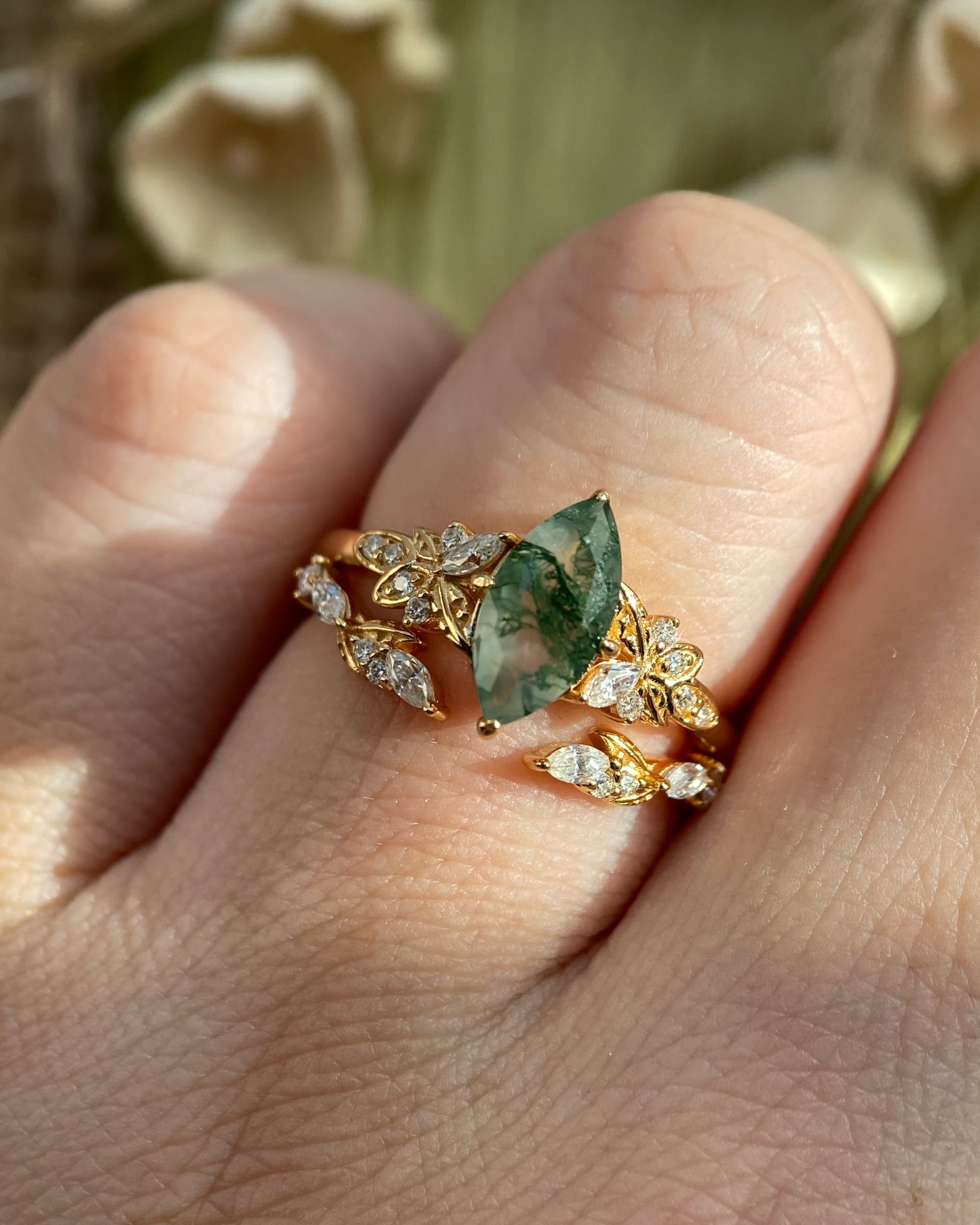Melia | Unique Handmade Marquise Natural Moss Agate Engagement Ring Set Nature Vine Leaf Ring