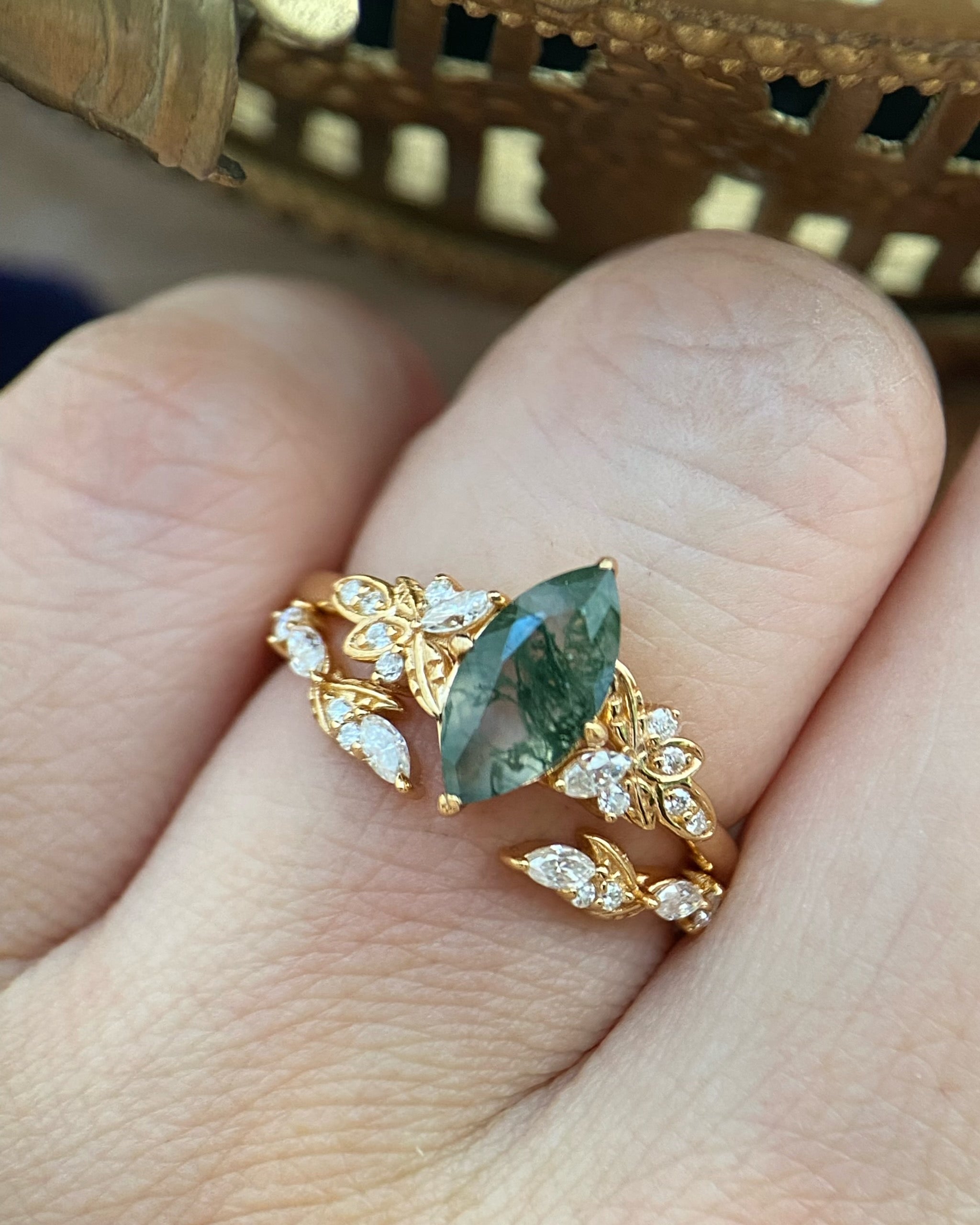 Melia | Unique Handmade Marquise Natural Moss Agate Engagement Ring Set Nature Vine Leaf Ring