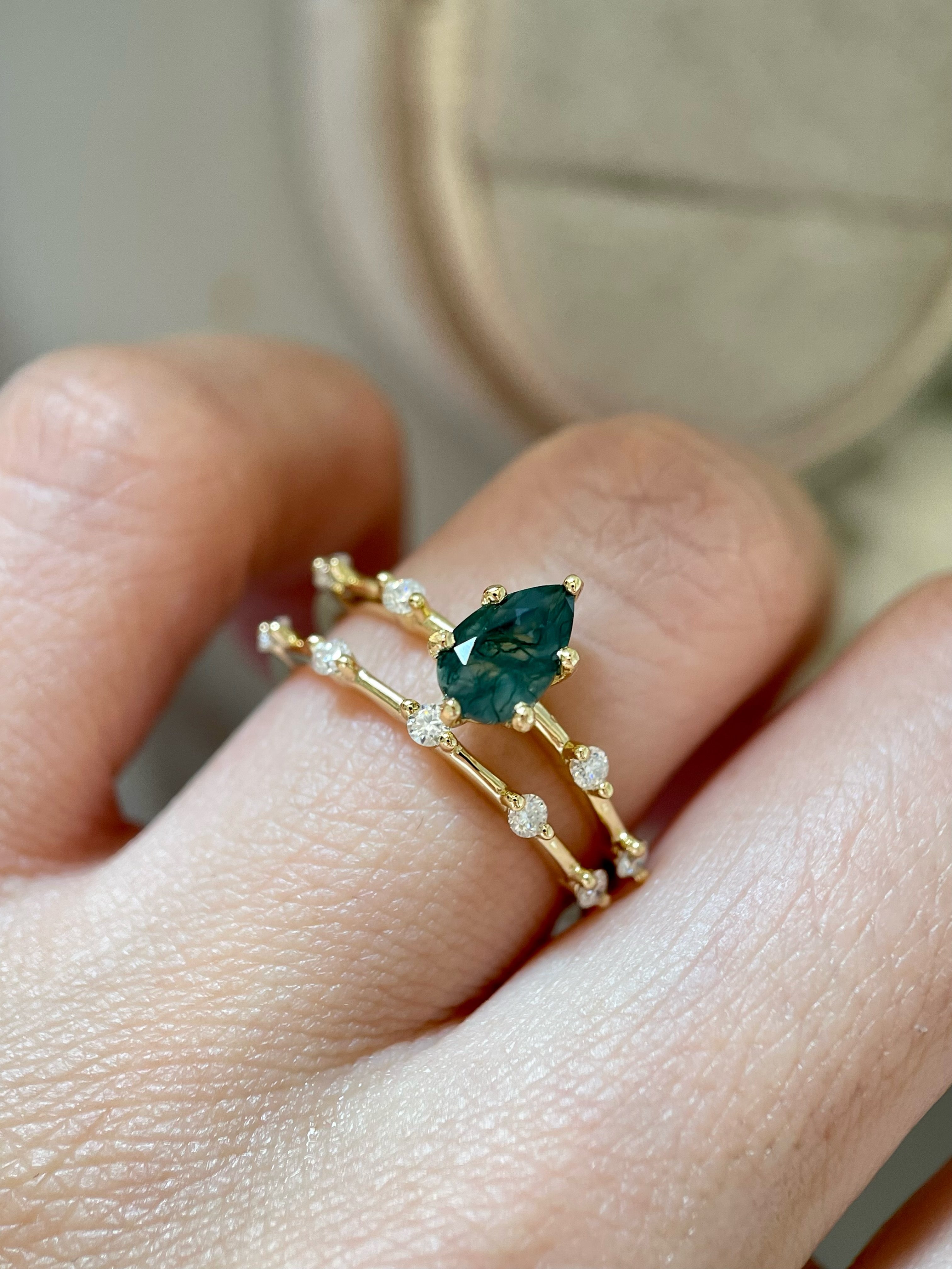 【Verdent Promise】Ensemble de 2 bagues de fiançailles uniques, faites à la main, en agate mousse naturelle de 0,75 ct, forme poire