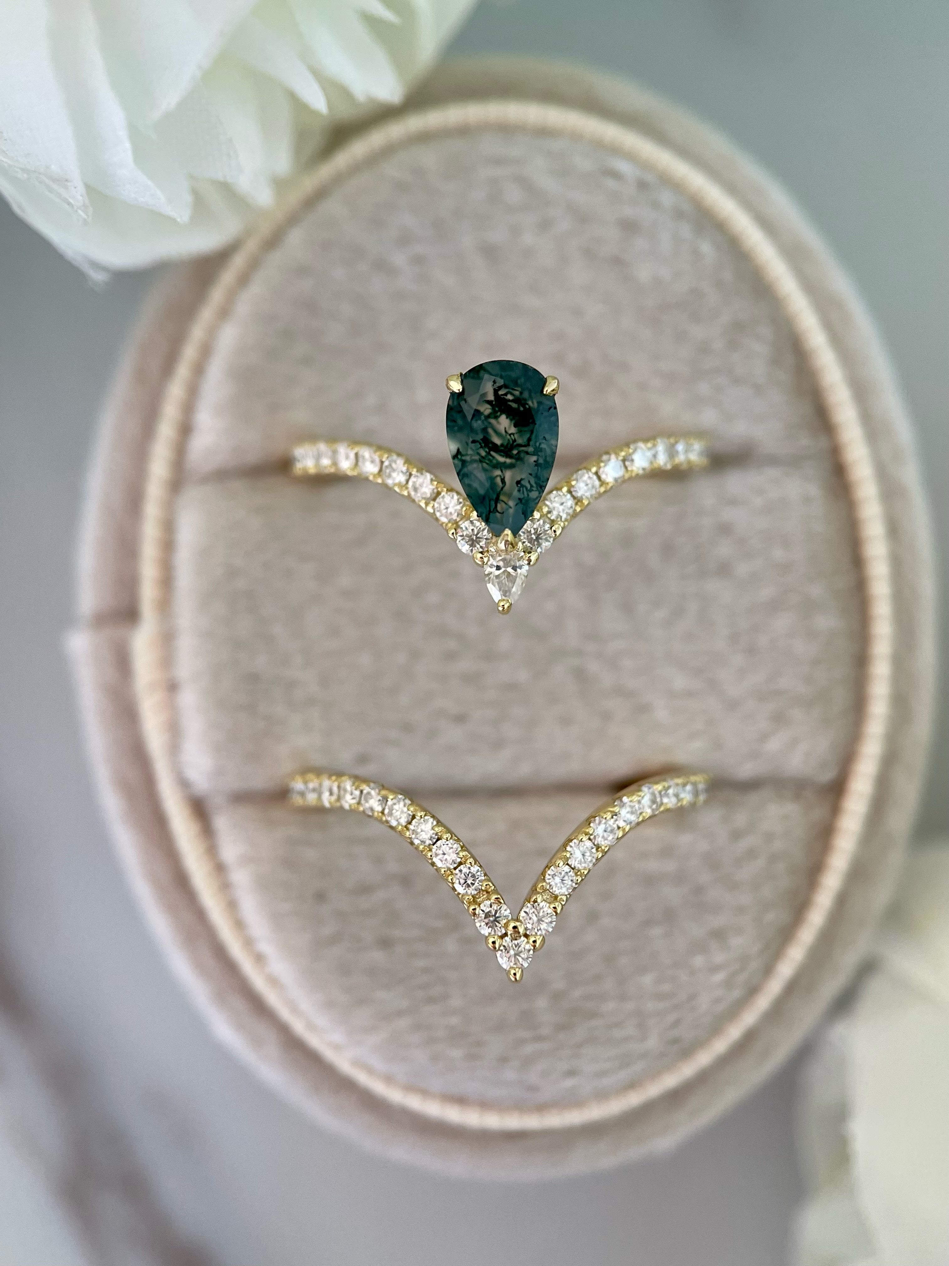 【Mossgard】Unique Handmade Natural Moss Agate Engagement Ring Set 2pcs 0.7ct Pear Shape