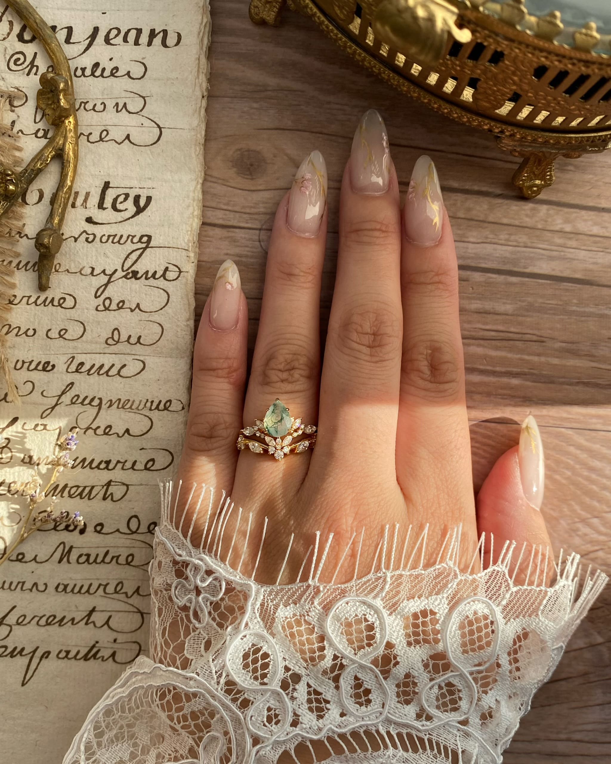 Lysandra | Unique Handmade Pear Shape Natural Moss Agate Engagement Ring Set Elven Leaf Ring