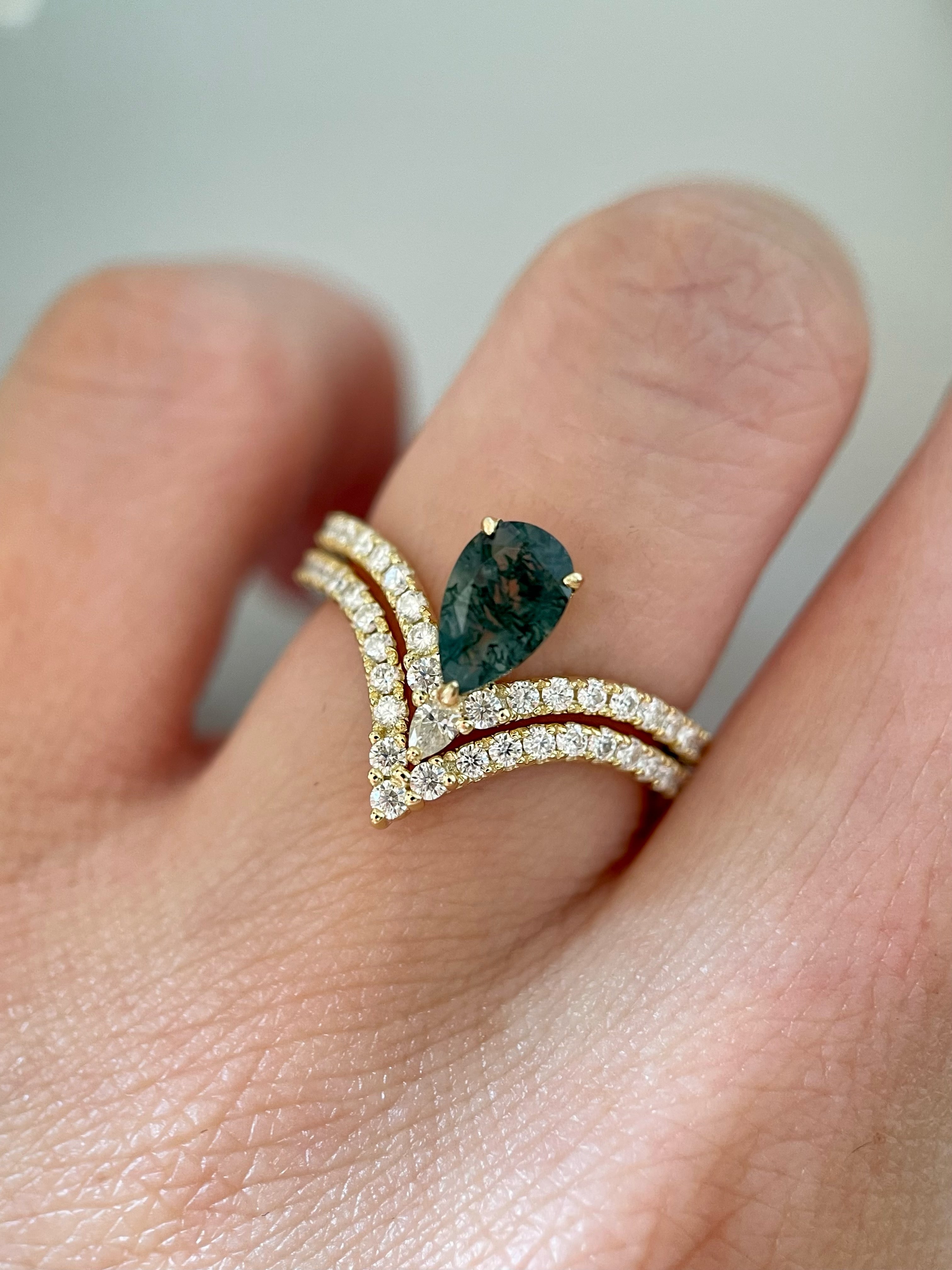 【Mossgard】Unique Handmade Natural Moss Agate Engagement Ring Set 2pcs 0.7ct Pear Shape