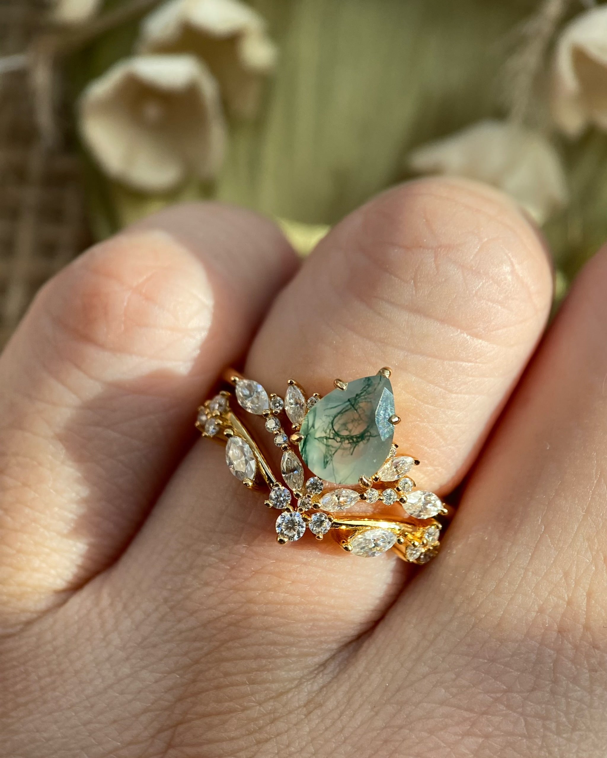 Lysandra | Unique Handmade Pear Shape Natural Moss Agate Engagement Ring Set Elven Leaf Ring