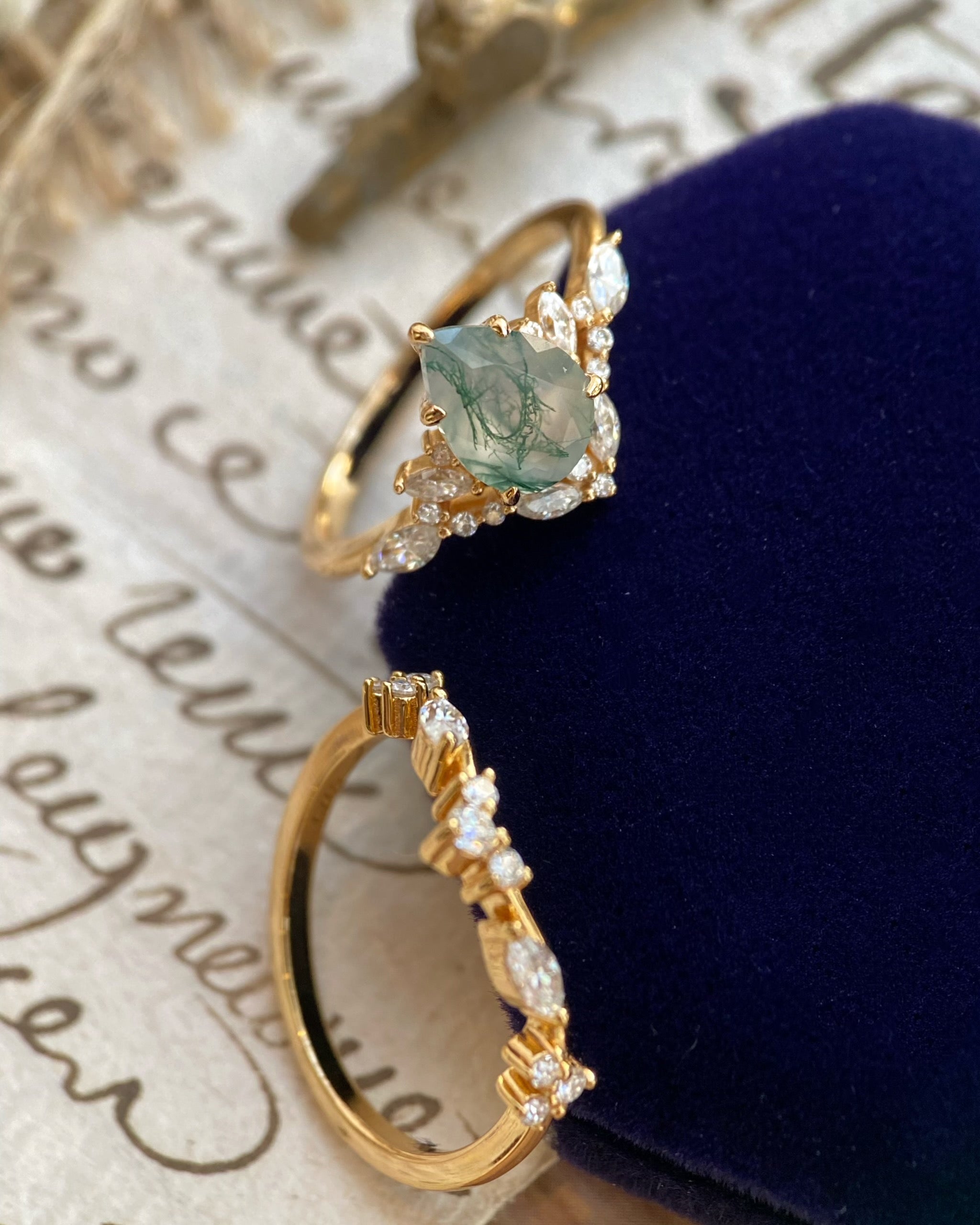 Lysandra | Unique Handmade Pear Shape Natural Moss Agate Engagement Ring Set Elven Leaf Ring