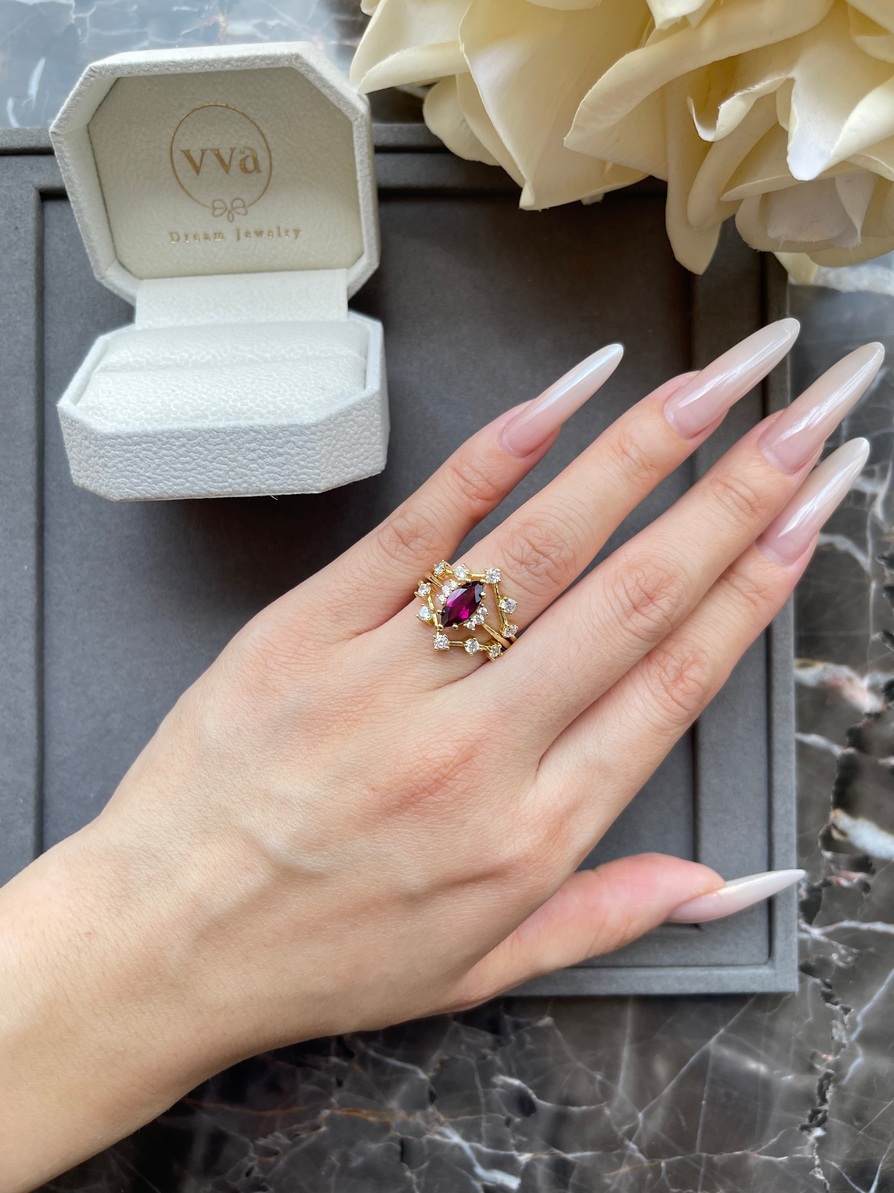 【Octavia SET】Handmade Natural Rhodolite Garnet Engagement Ring Set 3pcs Marquise Shape 1ct