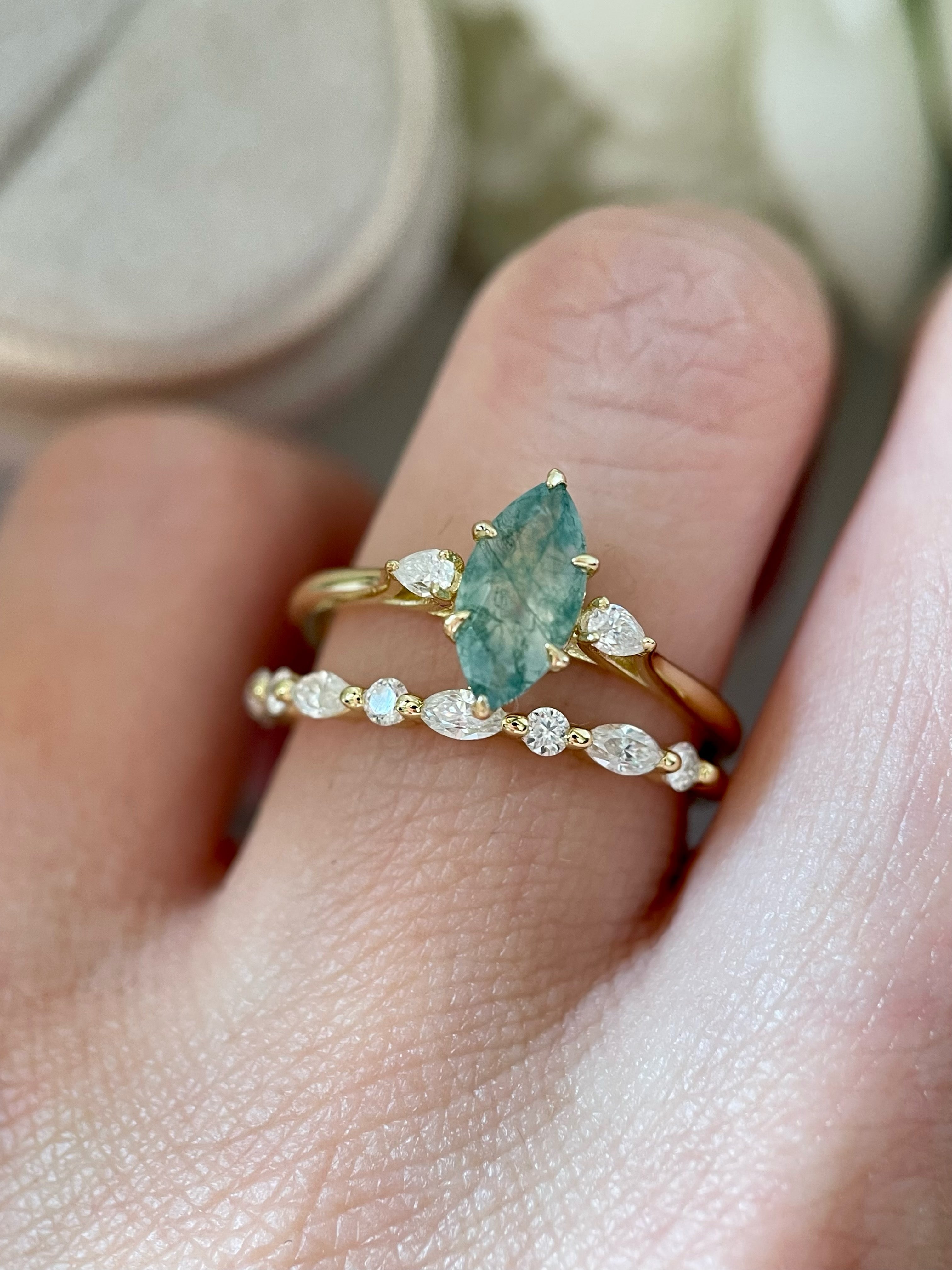 【Cordelia】Unique Handmade Natural Moss Agate Engagement Ring Set 2pcs 1ct Marquise Cut