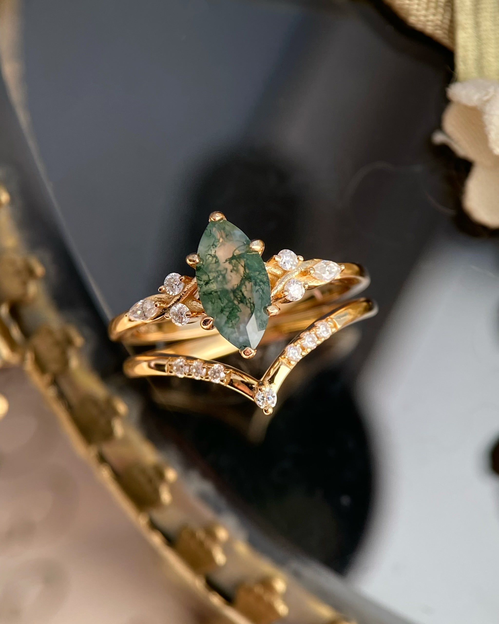 Evadne | Vintage Unique Handmade Marquise Natural Moss Agate Engagement Ring Set