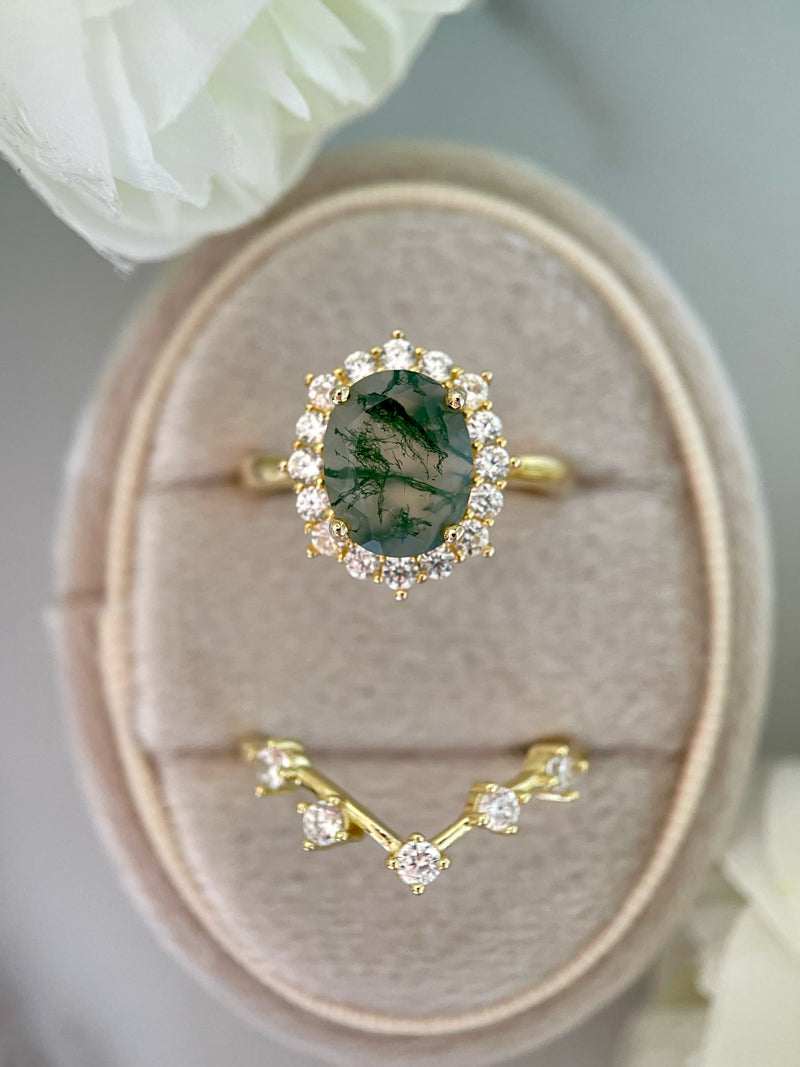 【Morrigan Set】 Unique Handmade Natural Green Moss Agate Engagement Ring Set 2pcs Oval Cut 3ct