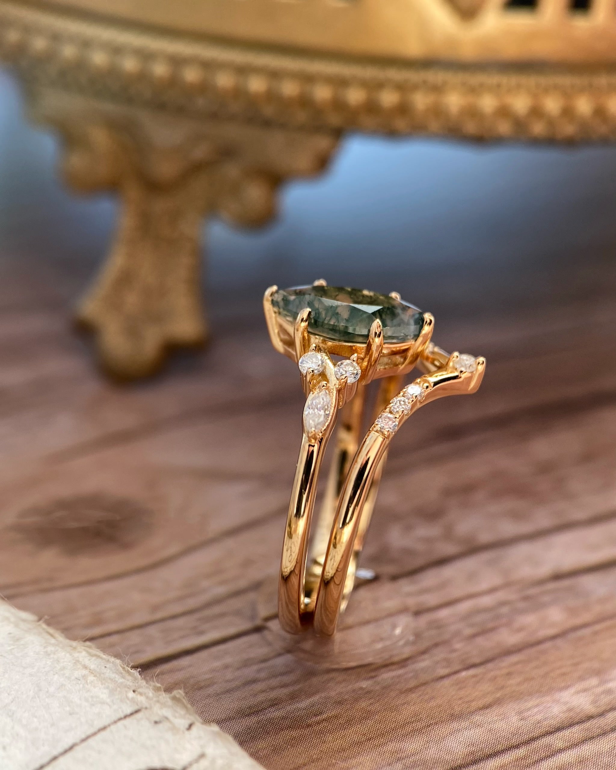 Evadne | Vintage Unique Handmade Marquise Natural Moss Agate Engagement Ring Set