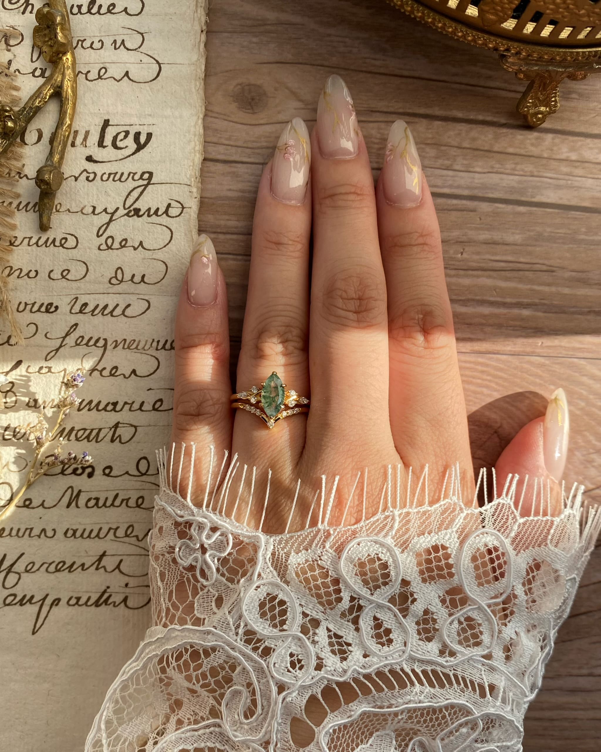 Evadne | Vintage Unique Handmade Marquise Natural Moss Agate Engagement Ring Set