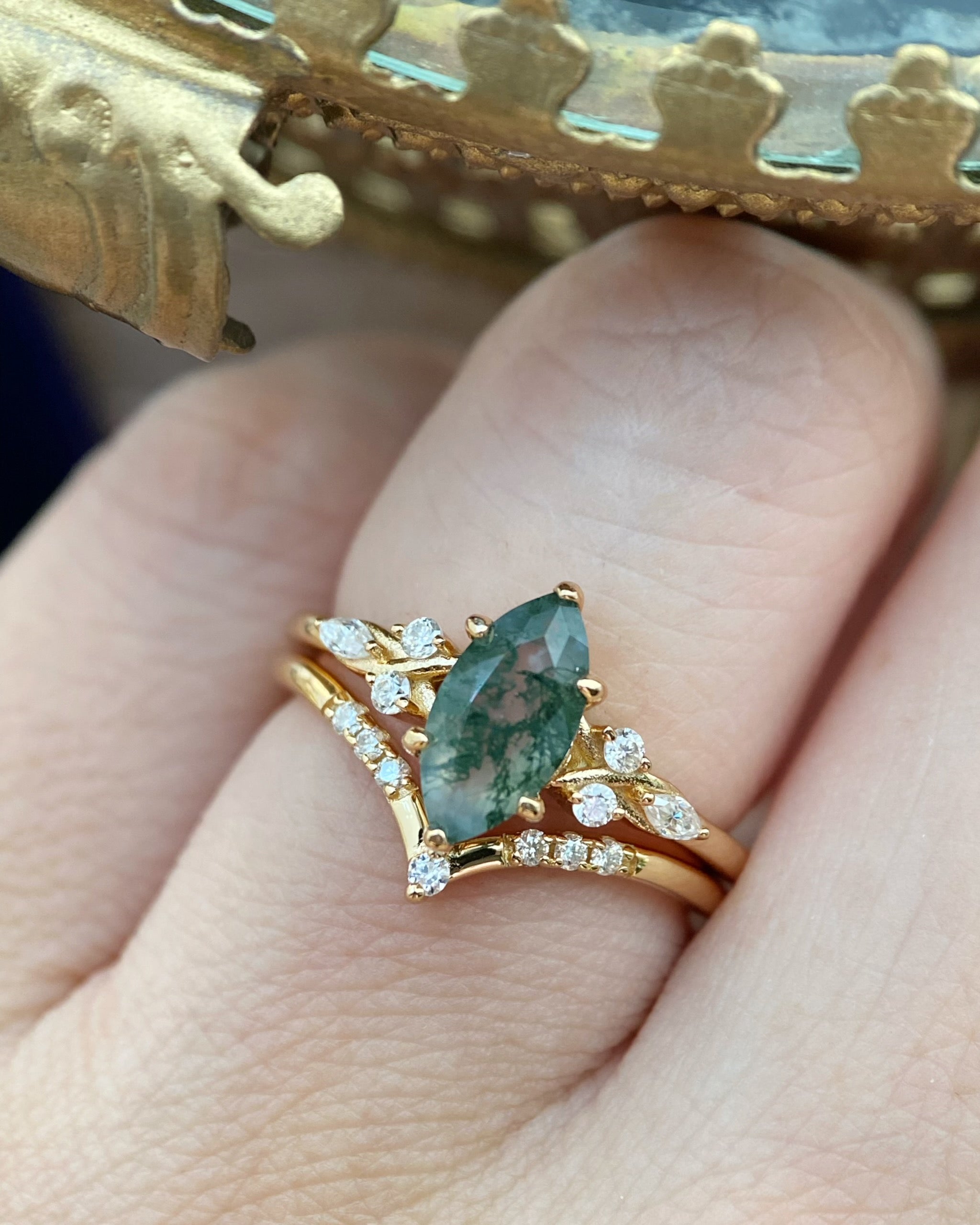 Evadne | Vintage Unique Handmade Marquise Natural Moss Agate Engagement Ring Set
