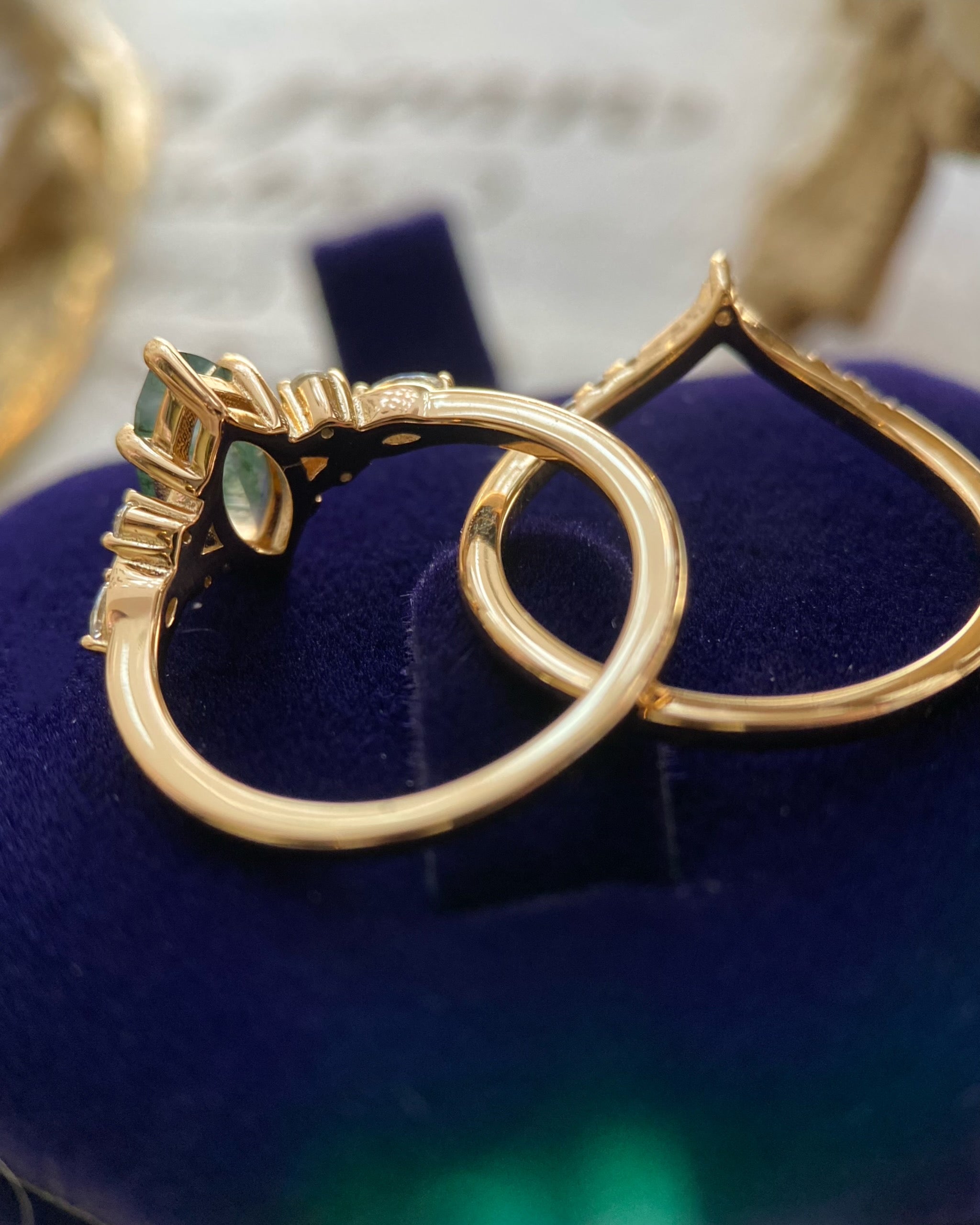 Evadne | Vintage Unique Handmade Marquise Natural Moss Agate Engagement Ring Set