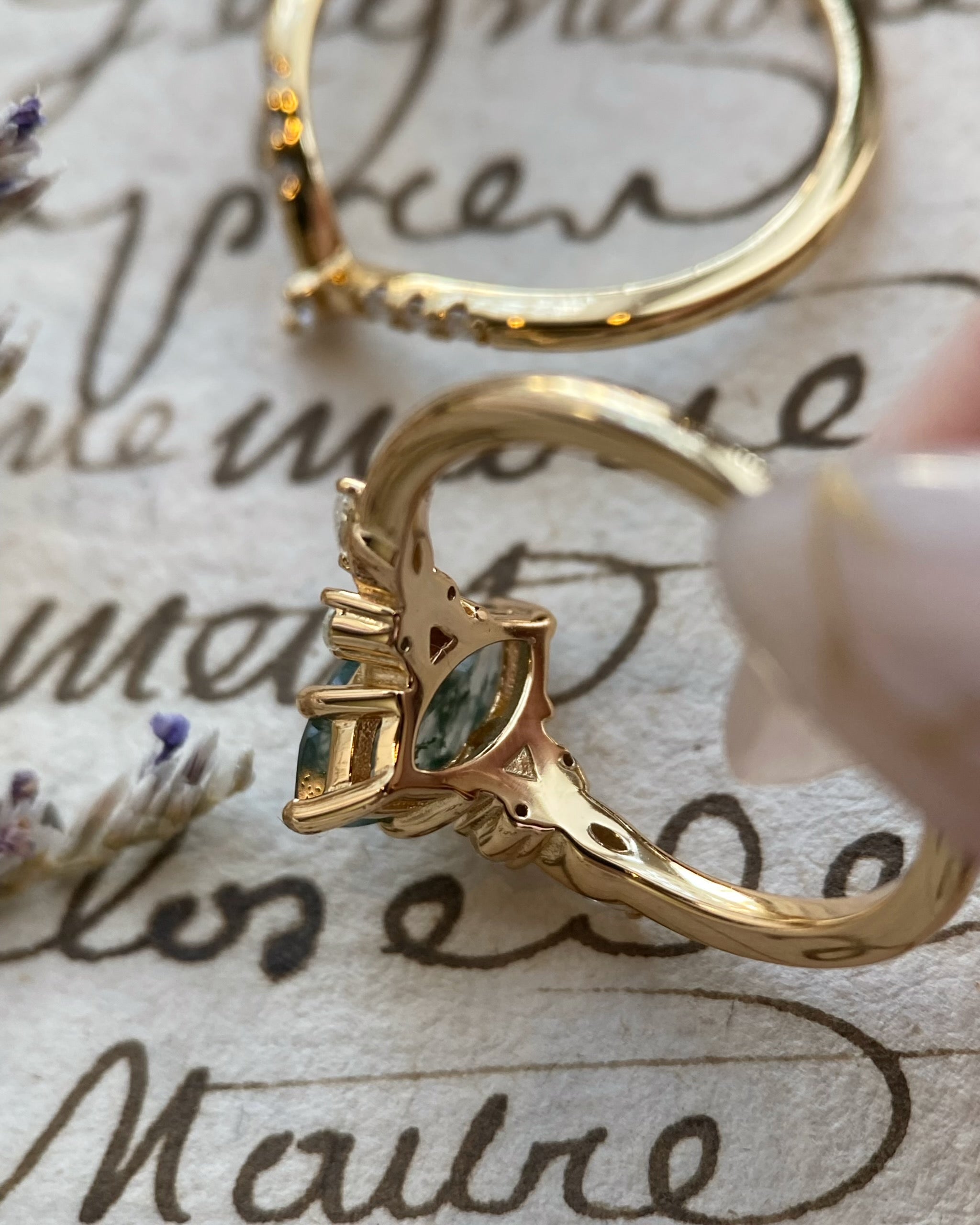 Evadne | Vintage Unique Handmade Marquise Natural Moss Agate Engagement Ring Set