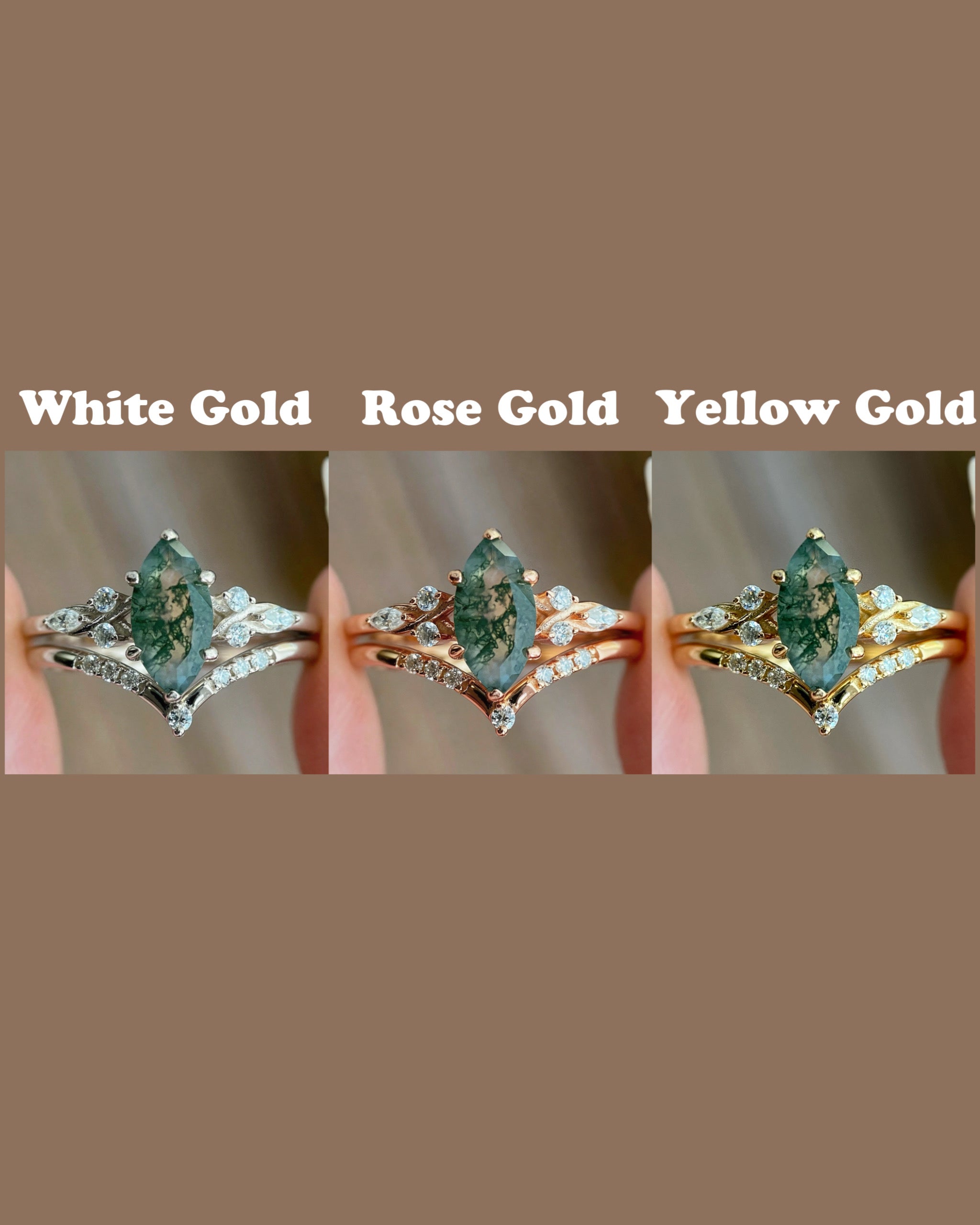 Evadne | Vintage Unique Handmade Marquise Natural Moss Agate Engagement Ring Set