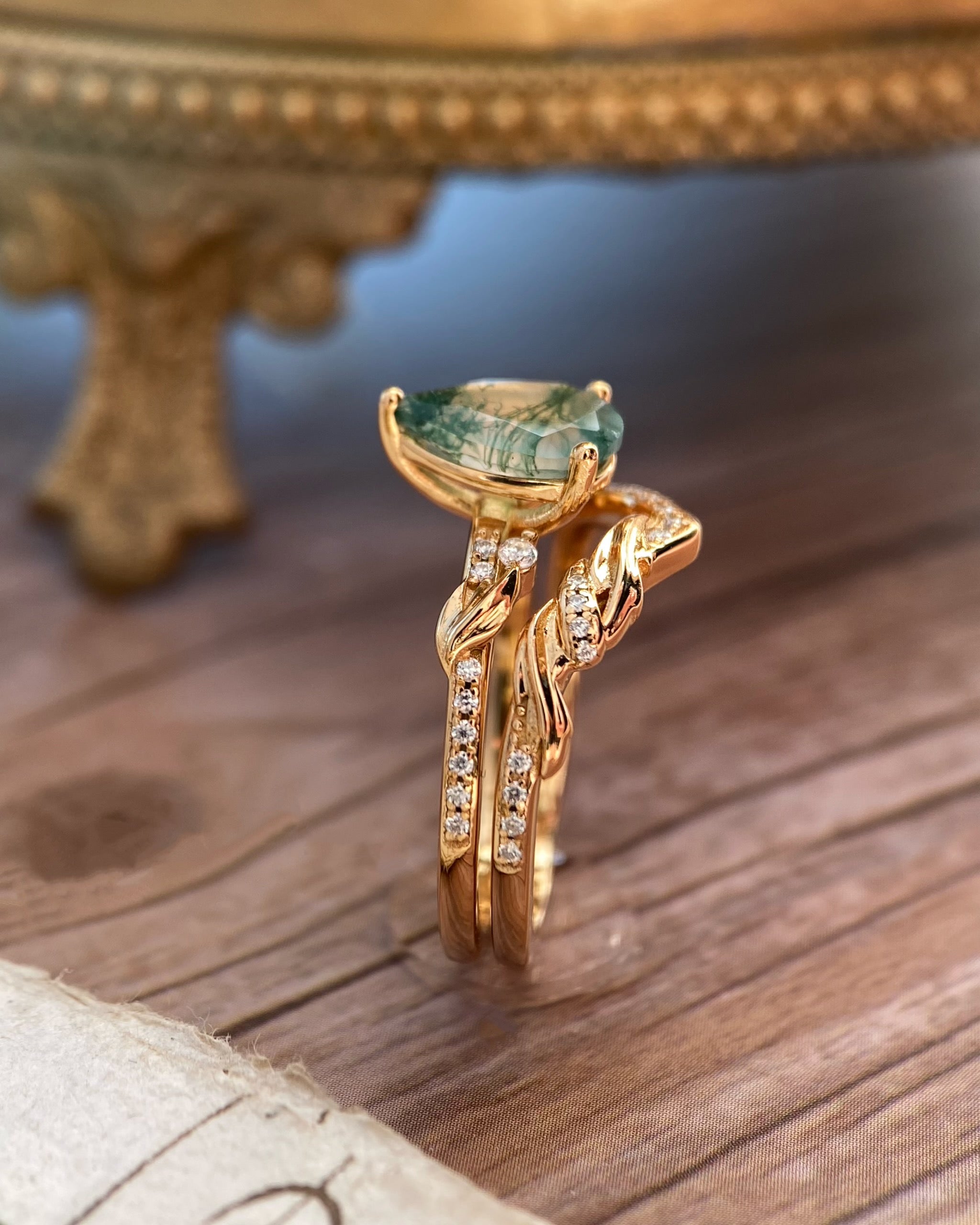 Nysa | Nature Inspired Unique Handmade Pear Cut Natural Moss Agate Engagement Ring Set Curved Leaf Band
