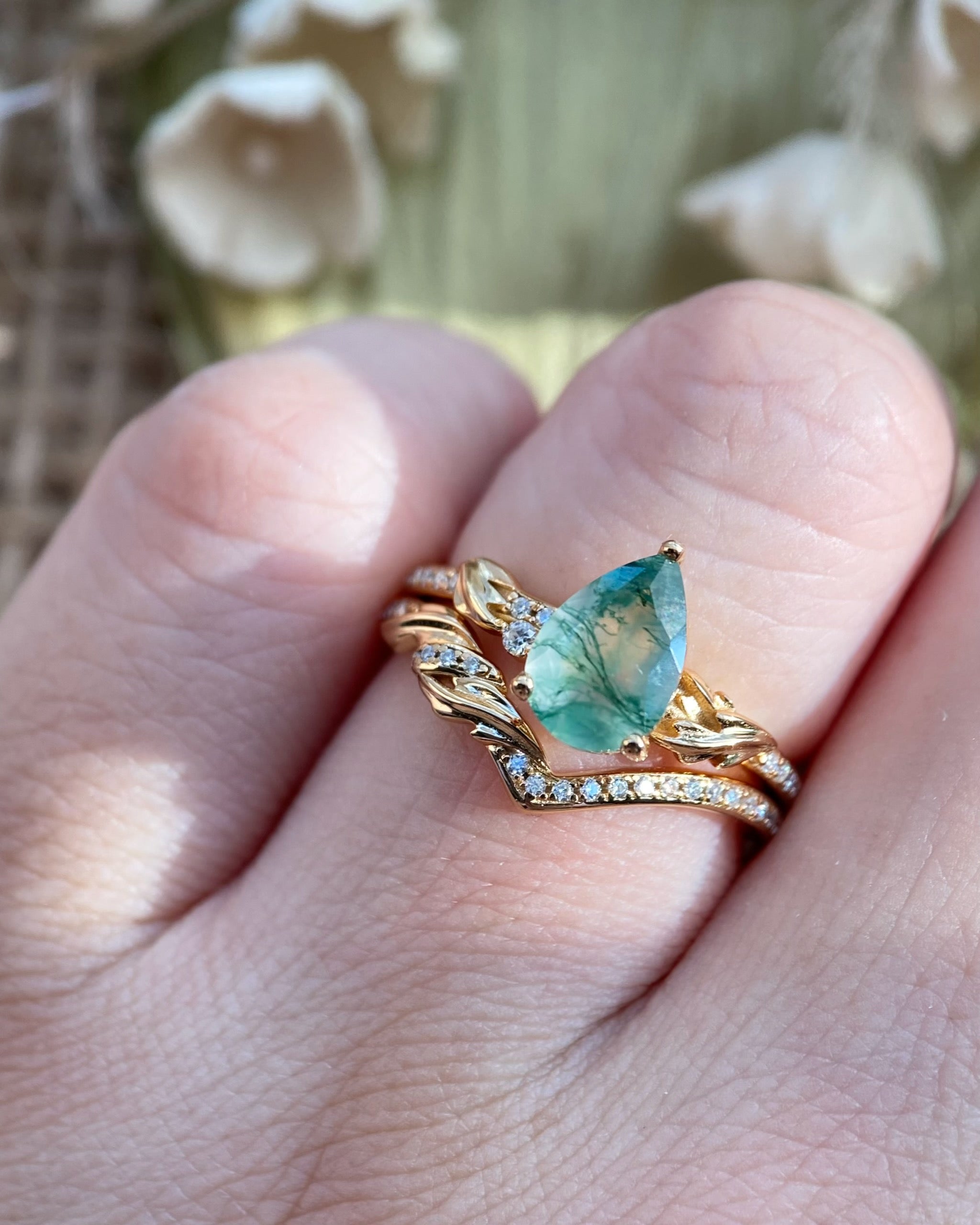Nysa | Nature Inspired Unique Handmade Pear Cut Natural Moss Agate Engagement Ring Set Curved Leaf Band
