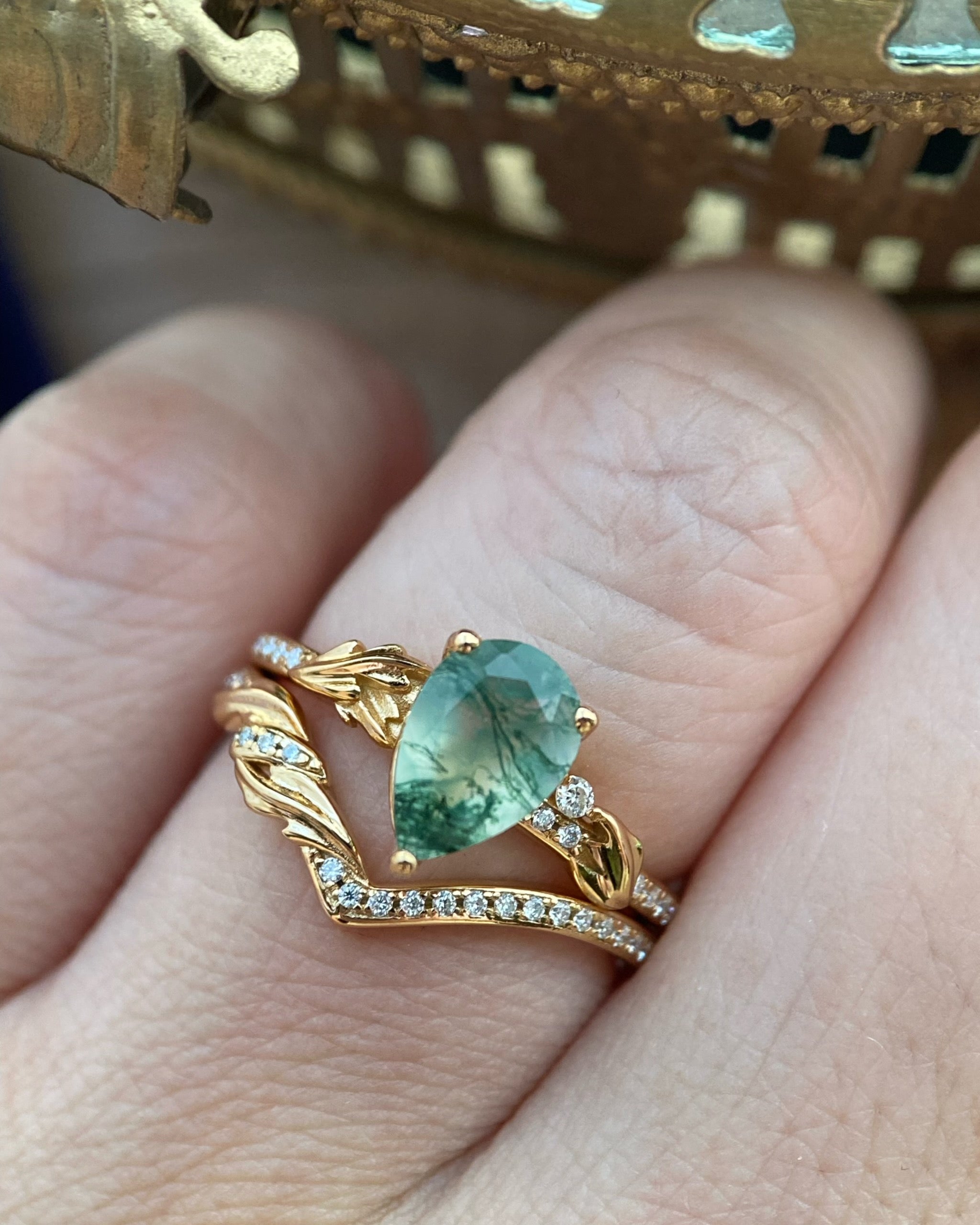Nysa | Nature Inspired Unique Handmade Pear Cut Natural Moss Agate Engagement Ring Set Curved Leaf Band